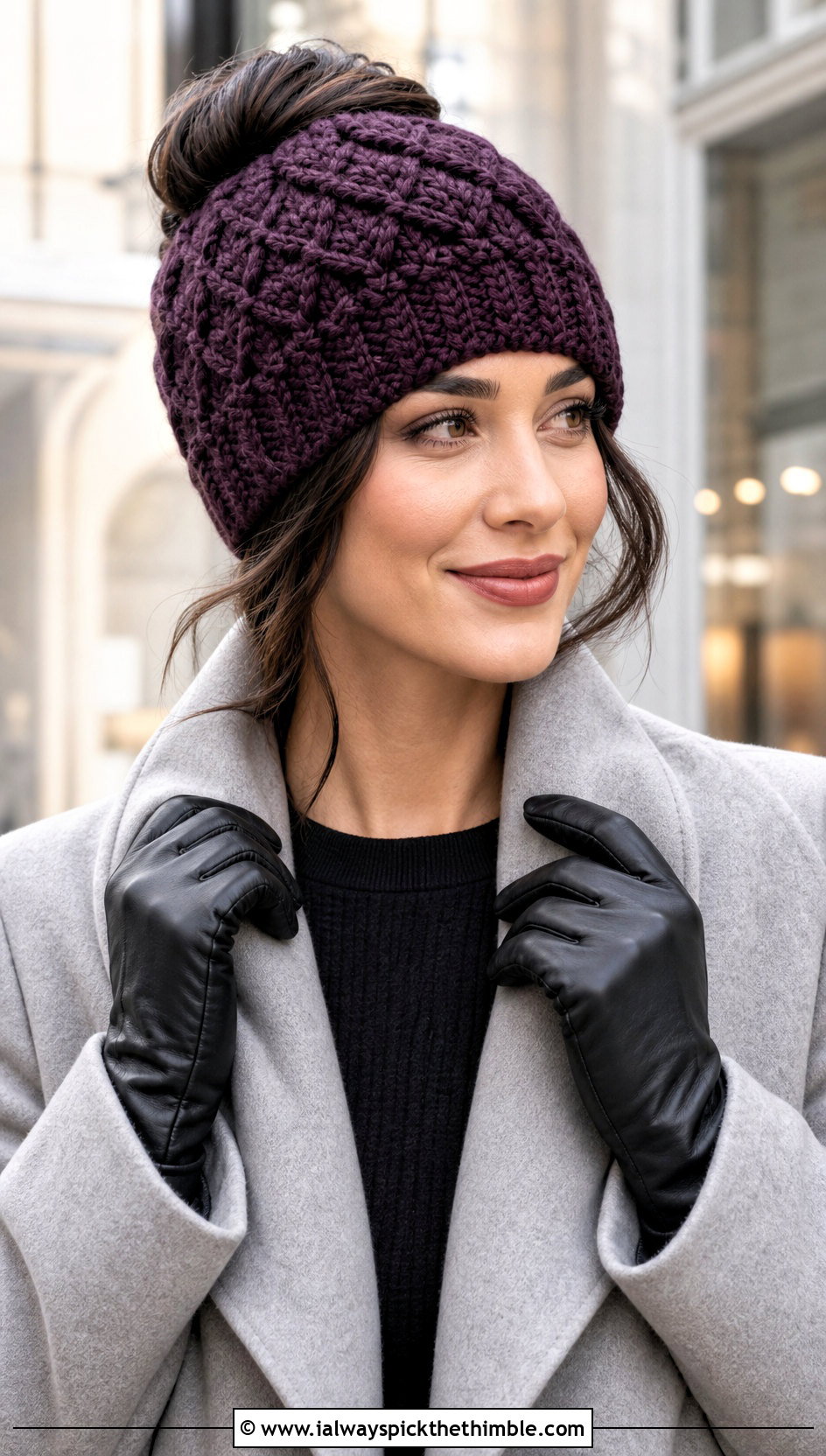 Diamond Stitch Crochet Messy Bun Hat With Wrap Coat - 20 Crochet Messy Bun Hat Bulky Yarn outfit ideas