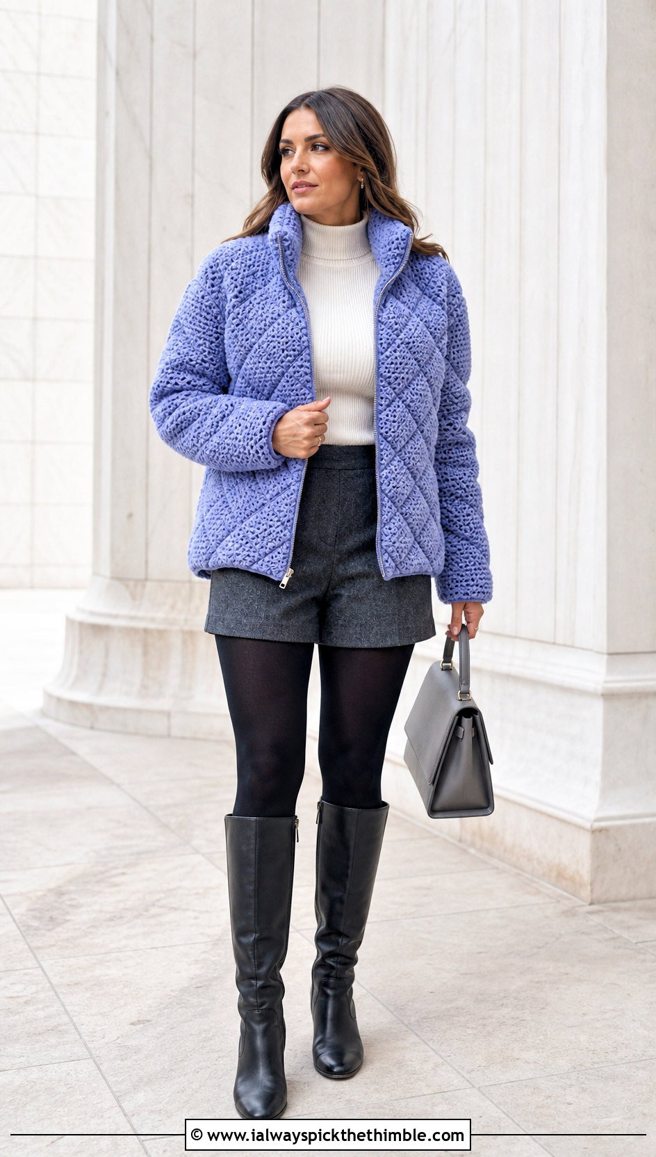 Diamond Stitch Crochet Puffer Jacket With Wool Shorts - 25 crochet puffer jacket outfit ideas