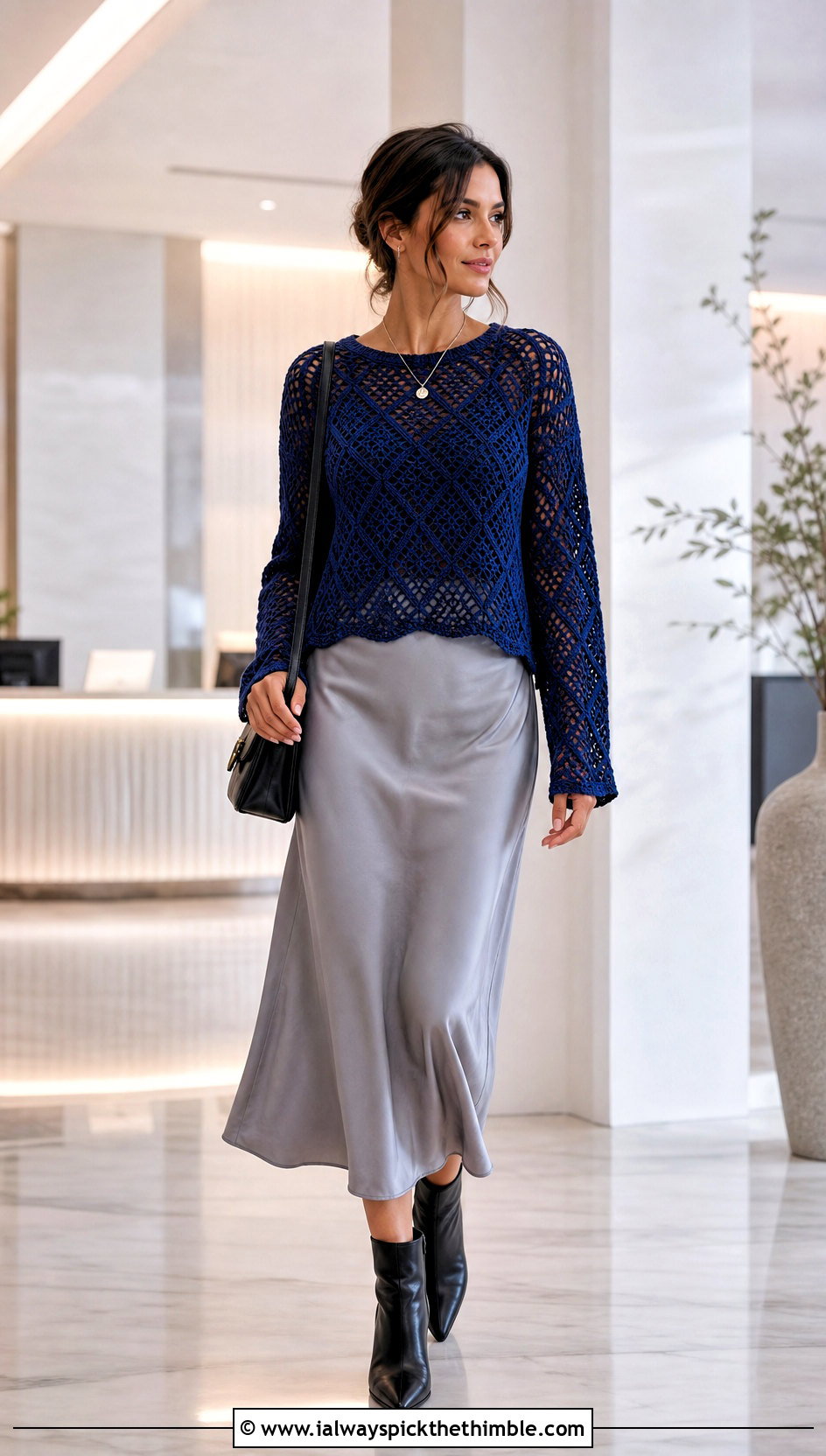 Diamond Stitch Crochet Sweater With Slip Dress - 20 Crochet Textured Sweater outfit ideas