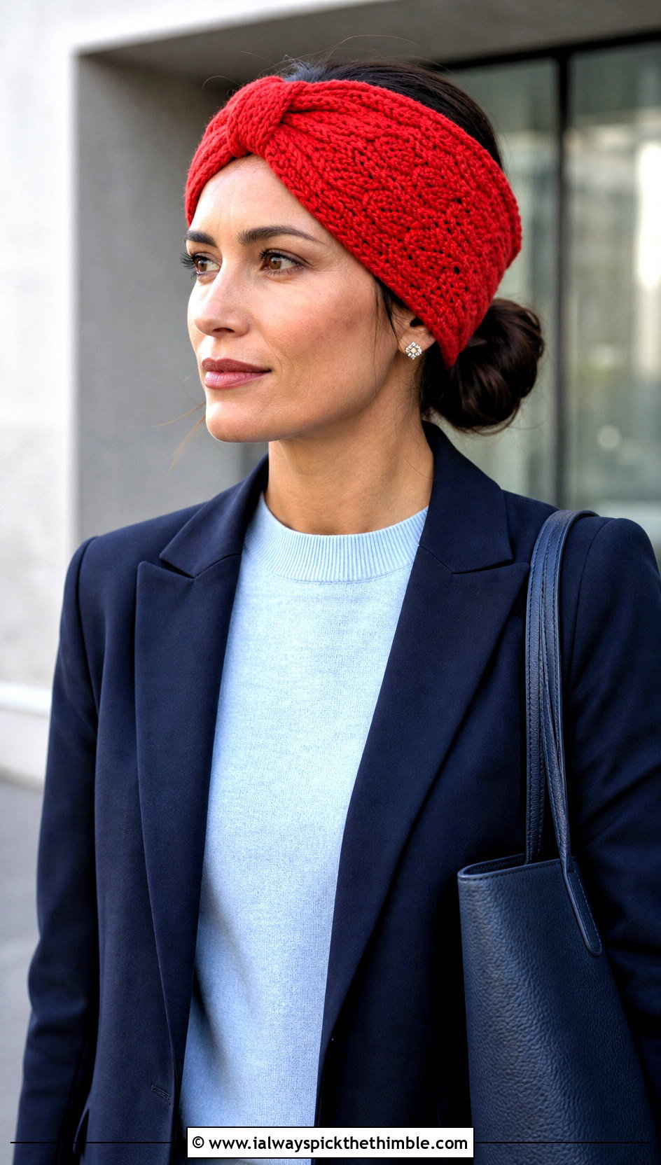 Diamond Stitch Crochet Twisted Ear Warmer With Trouser Suit - 25 crochet twisted ear warmer outfit ideas
