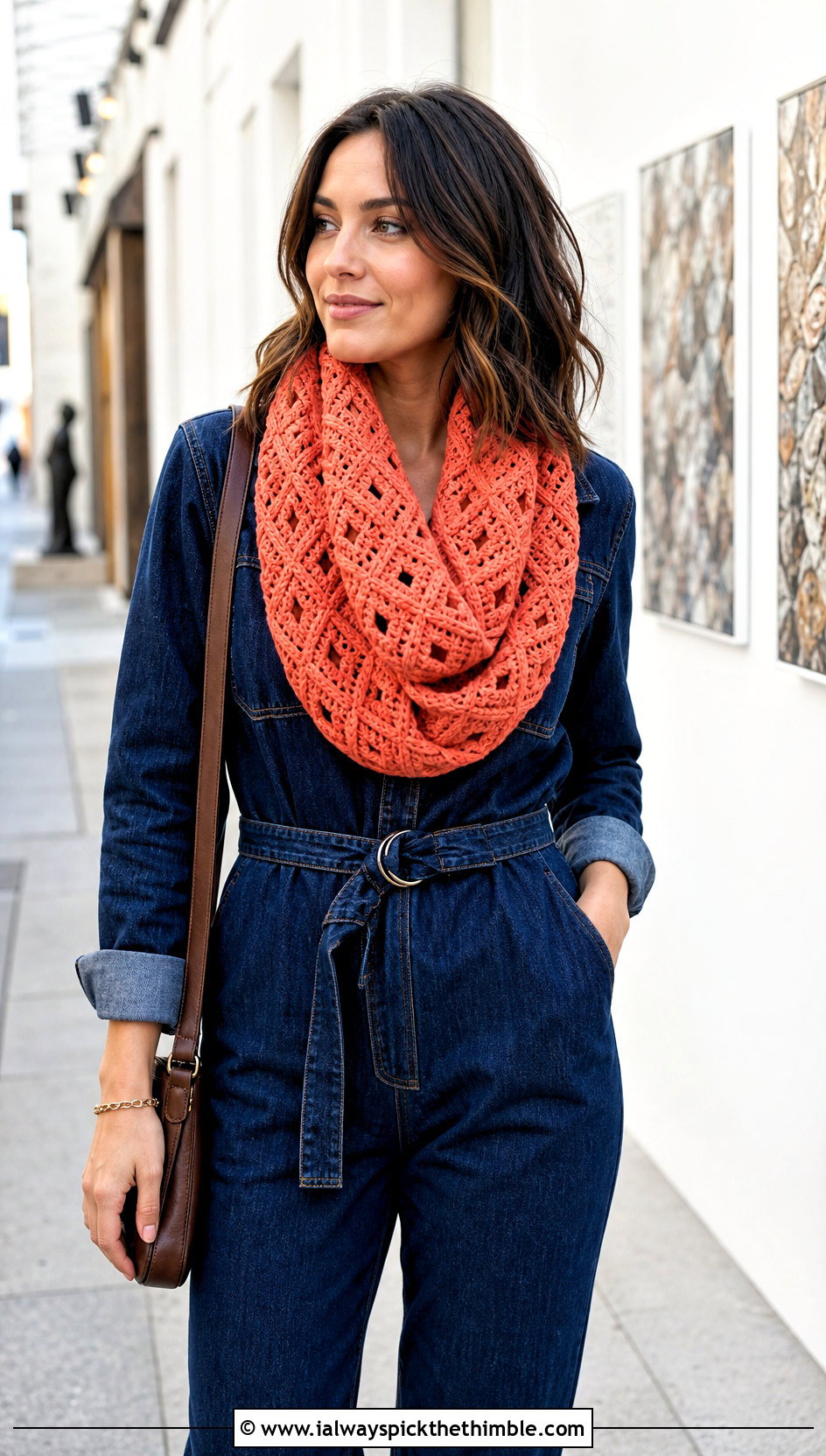 Diamond Stitch Crocheted Infinity Scarf With Denim Jumpsuit - 20 Crocheted Infinity Scarf outfit ideas
