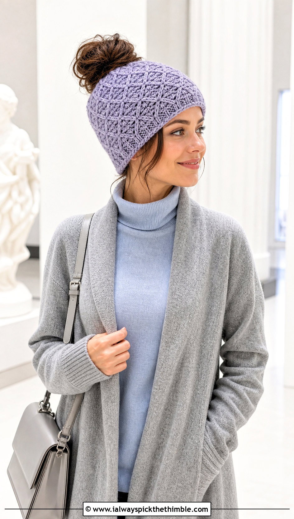 Diamond Stitch Messy Bun Crochet Hat With Midi Skirt - 20 Messy Bun Crochet Hat outfit ideas