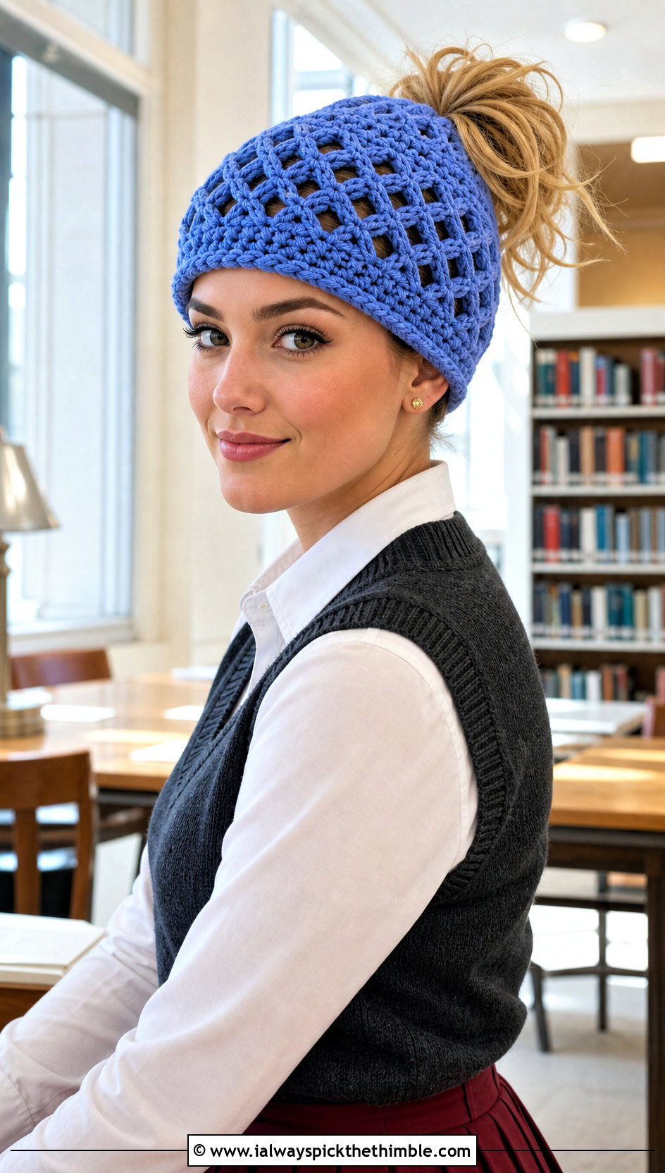 Diamond Stitch Messy Bun Crochet Hat With Sweater Vest - 25 crochet messy bun hat outfit ideas