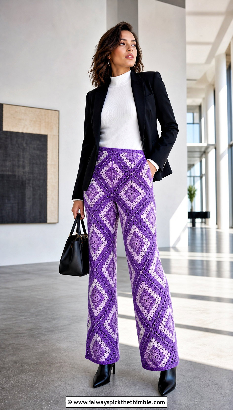 Diamond Tapestry Crochet Pants With Fitted Blazer - 20 crochet tapestry clothes and outfit ideas