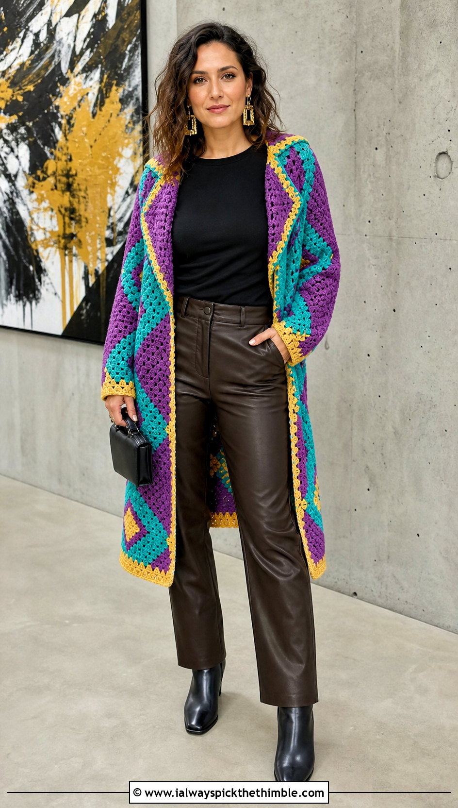 Diamond Tapestry Howl Crochet Coat With Leather Pants - 20 howl crochet coat outfit ideas