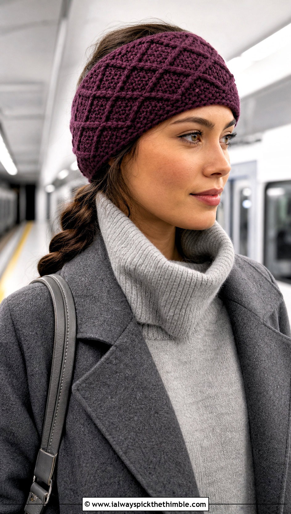 Diamond Texture Crochet Chunky Ear Warmer With Monochrome Knitwear - 20 Crochet Chunky Ear Warmer outfit ideas