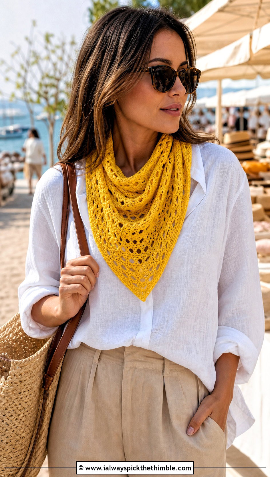 Diamond Triangle Scarf With Linen Shirt And Trousers - 15 diamond crochet scarf outfit ideas