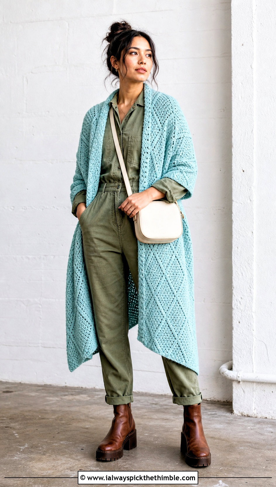 Diamond Waffle Crochet Pocket Shawl With Utility Jumpsuit - 25 crochet pocket shawl outfit ideas