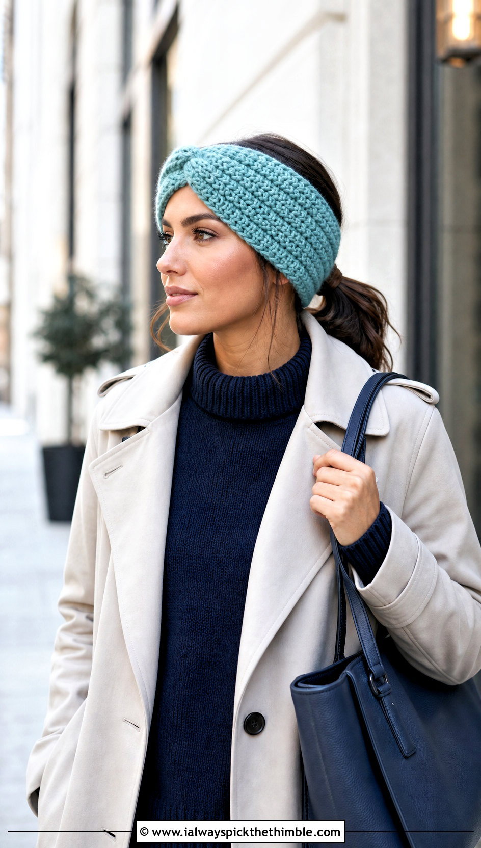 Digital Aqua Twisted Ravencraft Crochet Earwarmer With Trench Coat - 15 ravencraft crochet earwarmer outfit ideas