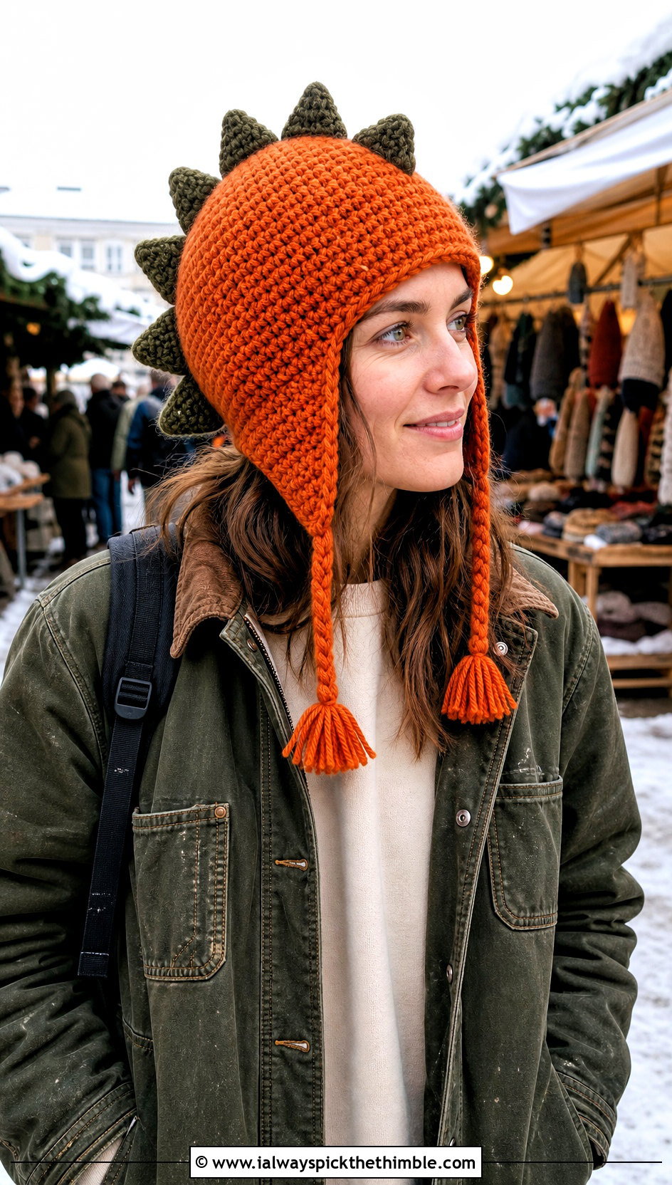 Dinosaur Spike Crochet Trapper Hat With Workwear Jacket - 20 Weird Crochet Hat outfit ideas