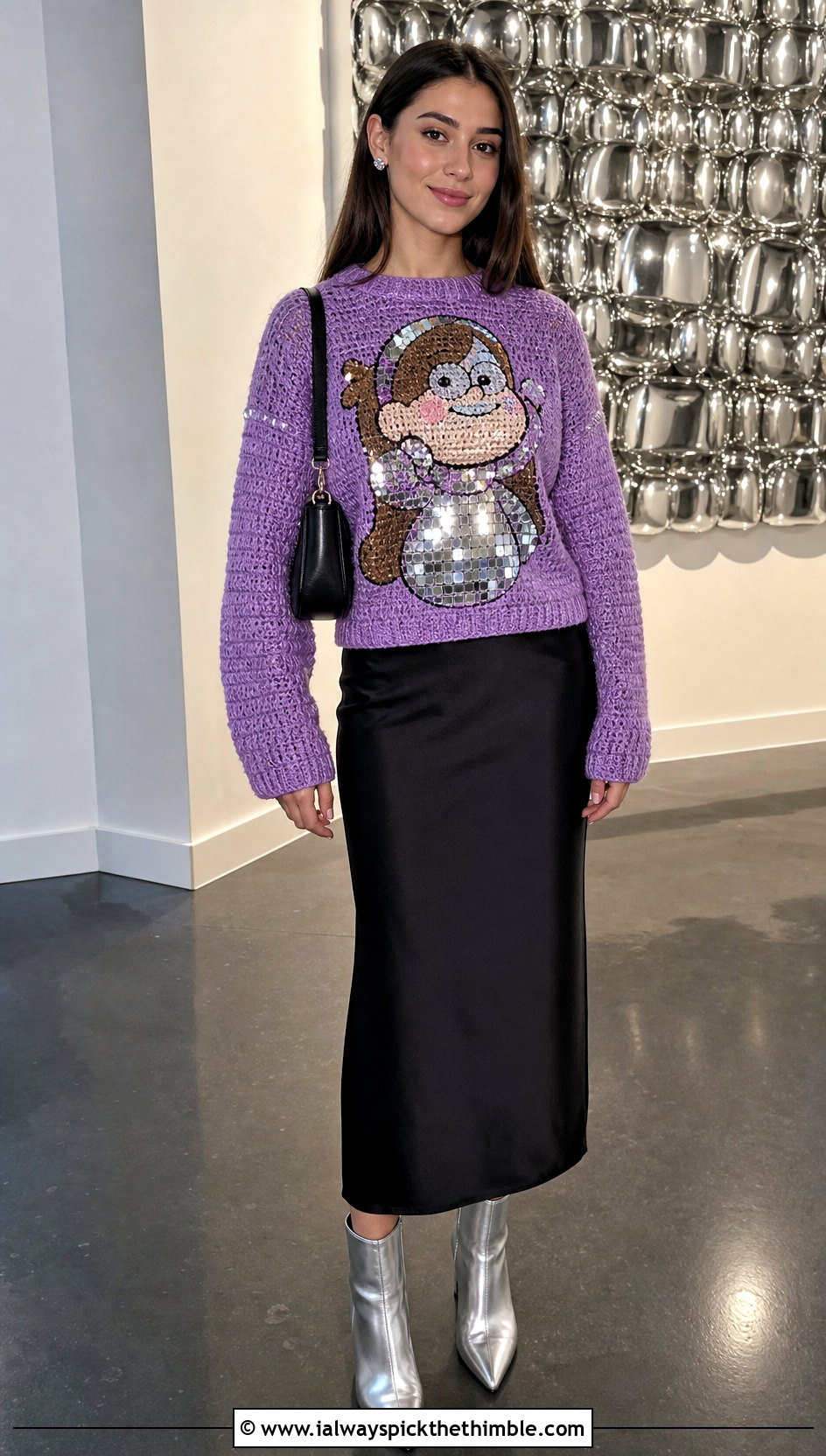 Disco Ball Crochet Mabel Pines Sweater With Black Midi Skirt - 20 crochet mabel pines sweater outfit ideas