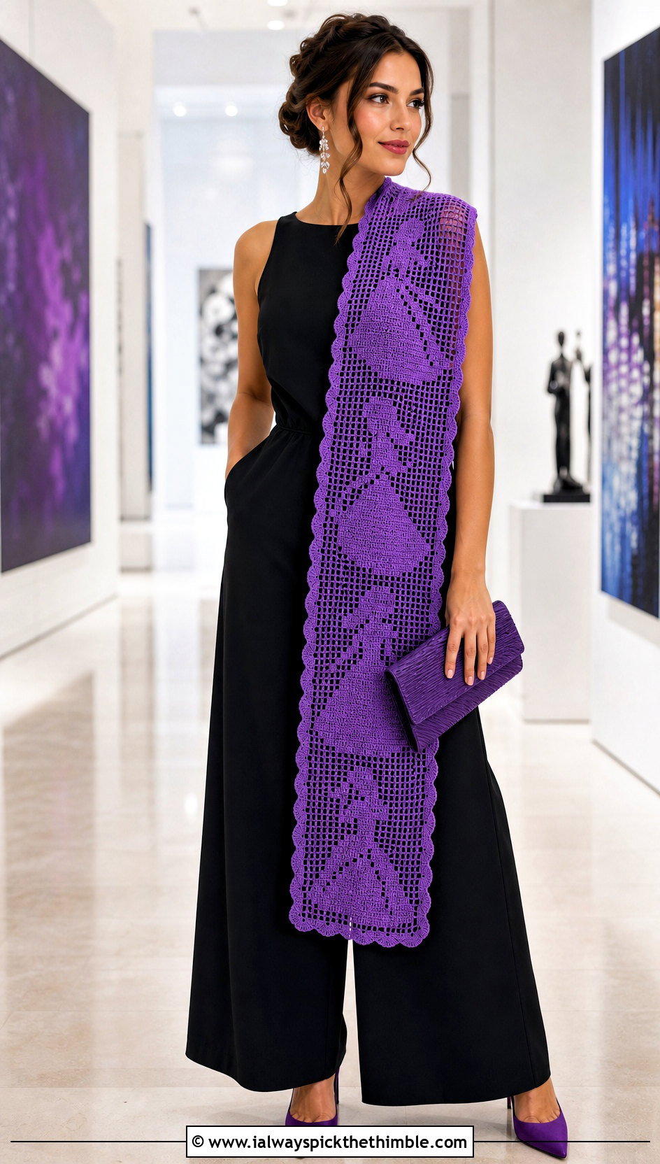 Disney Princess Filet Crochet Scarf With Evening Jumpsuit - 20 Crochet Disney Scarf outfit ideas