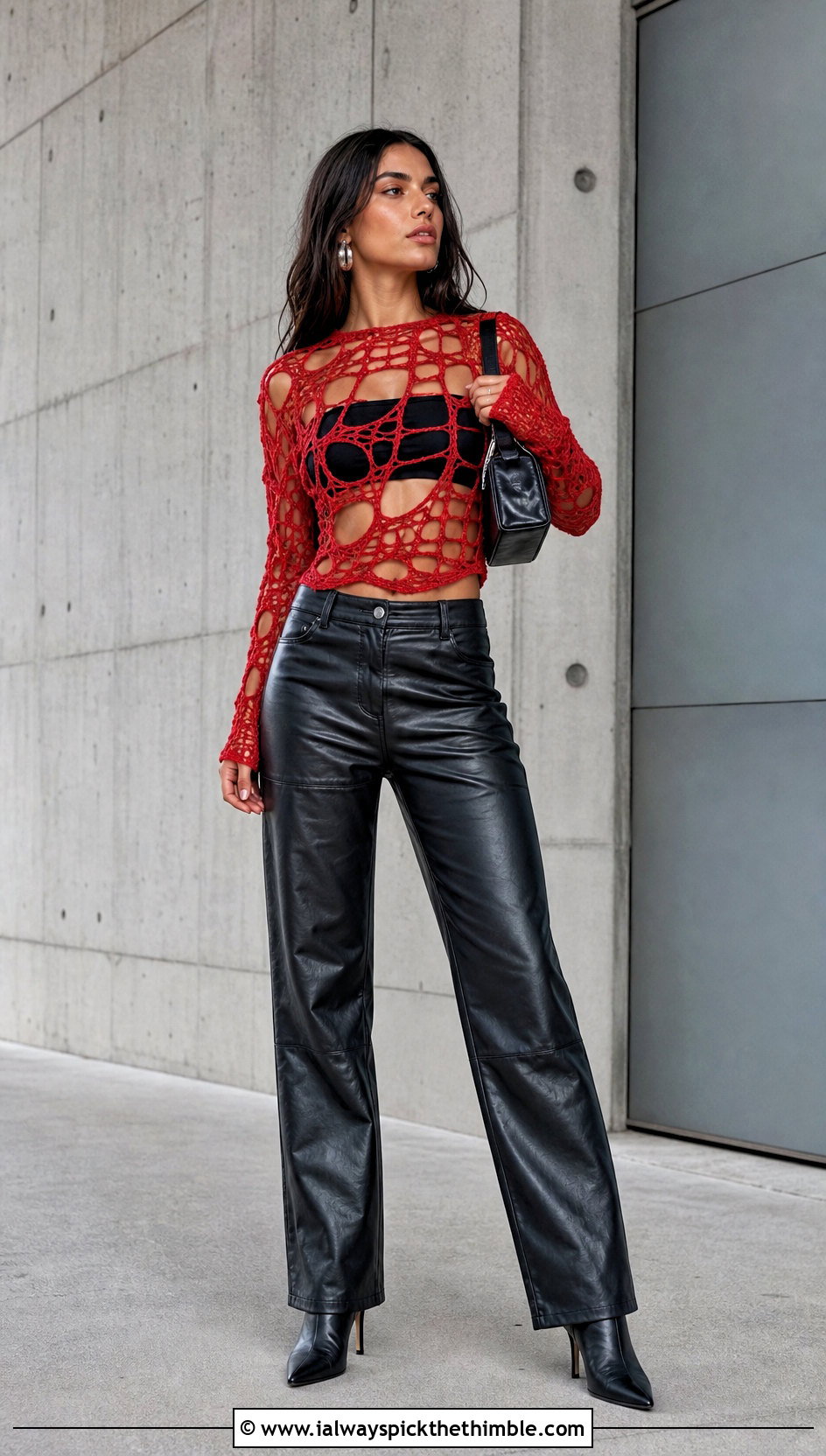 Distressed Cobweb Top With Leather Pants - 20 Crochet Cobweb Top outfit ideas