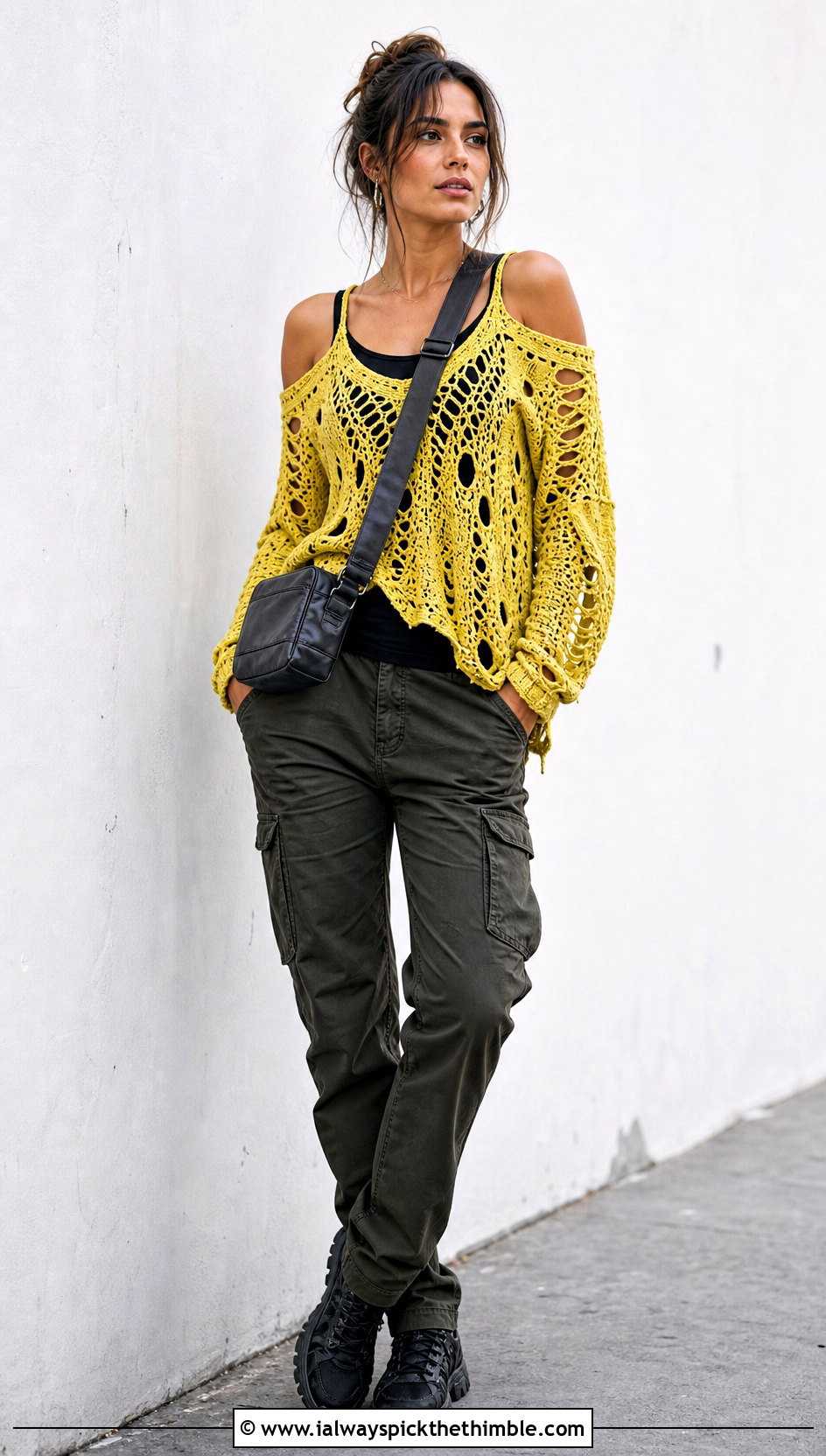 Distressed Crochet Cold Shoulder Top With Cargo Pants - 25 crochet cold shoulder top outfit ideas