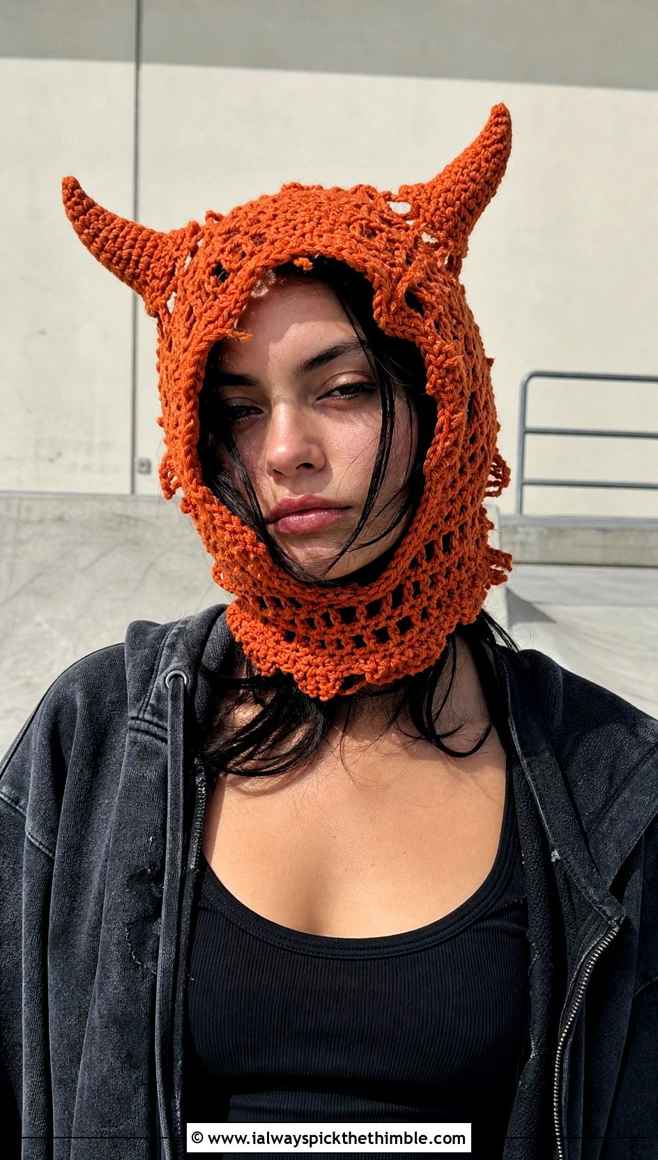 Distressed Crochet Devil Horn Balaclava With Oversized Hoodie - 20 crochet devil horn balaclava outfit ideas