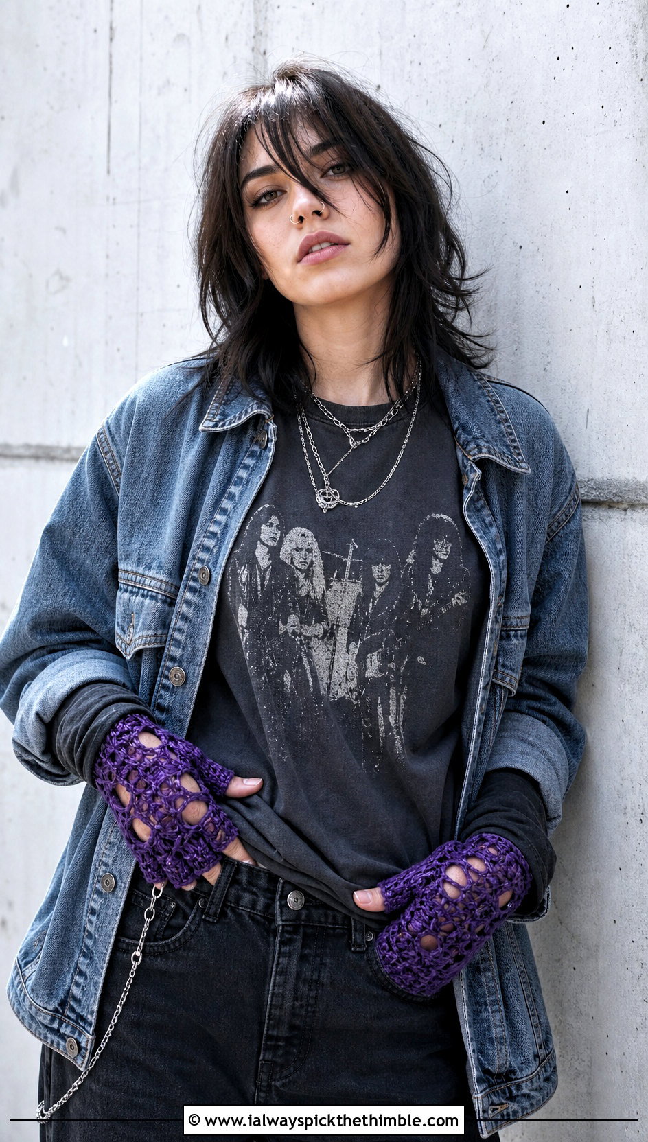 Distressed Crochet Fingerless Gloves With a Grunge Outfit - 25 crochet fingerless gloves outfit ideas