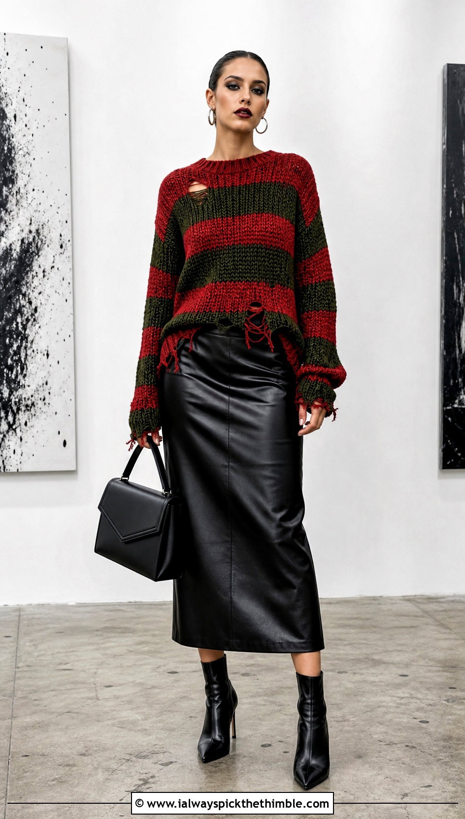 Distressed Crochet Freddy Krueger Sweater With Leather Skirt - 20 crochet freddy krueger sweater outfit ideas