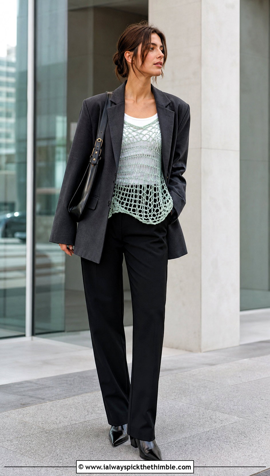Distressed Crochet Mesh Top With Oversized Blazer - 20 crochet mesh sleeve top outfit ideas