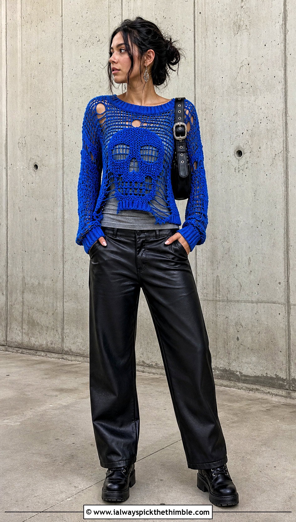 Distressed Crochet Skull Sweater With Faux Leather Pants - 25 crochet skull sweater outfit ideas