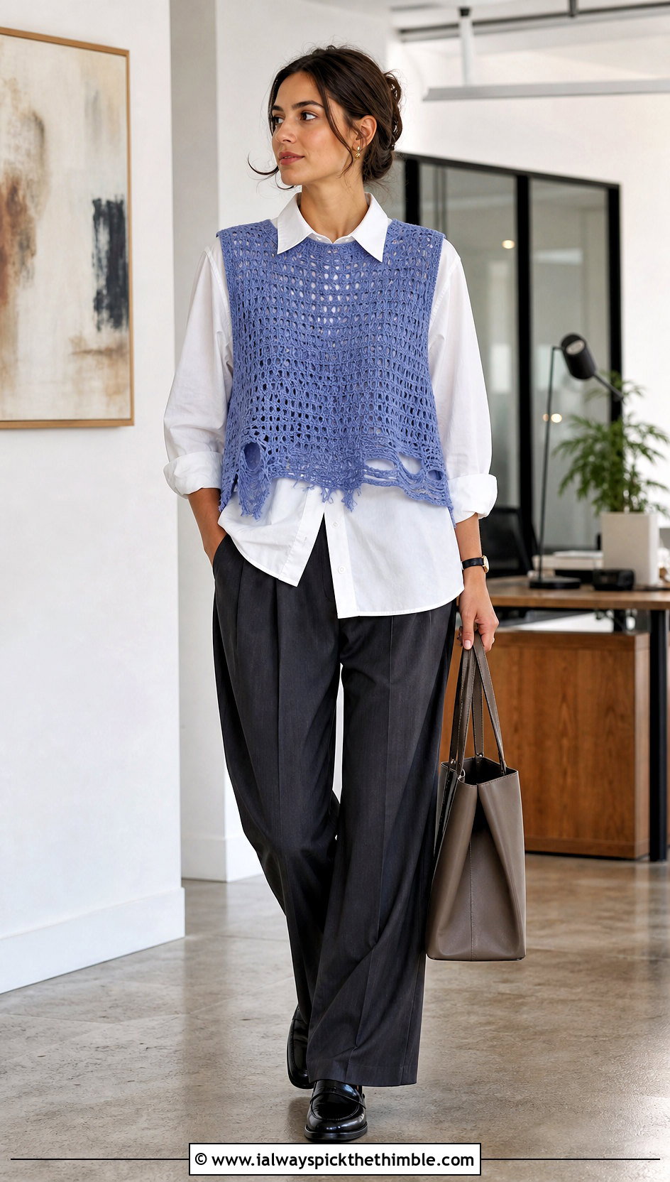 Distressed Crochet Sweater Vest With Button Down Shirt - 25 distressed crochet sweater outfit ideas