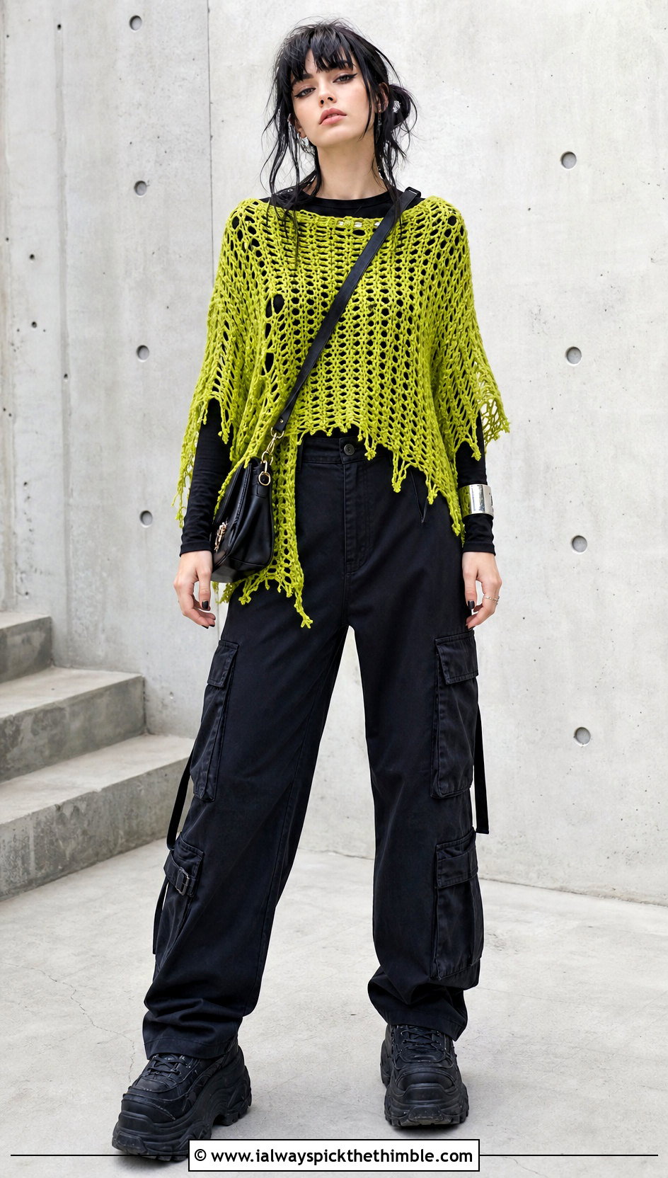 Distressed Crochet Sweater With Cargo Pants - 20 goth crochet sweater outfit ideas