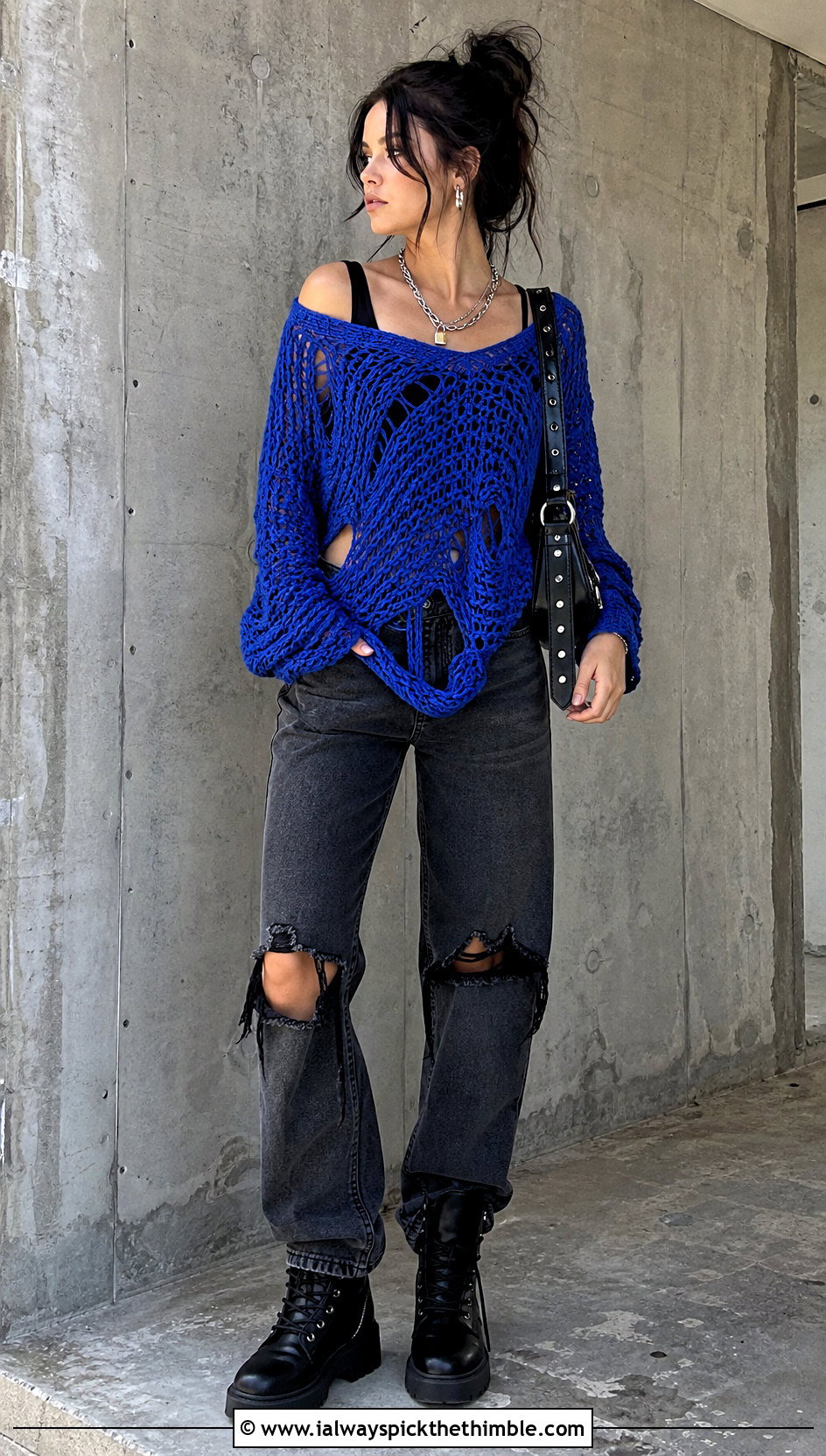 Distressed Crochet Sweater With Ripped Jeans - 20 grunge crochet clothes and outfit ideas