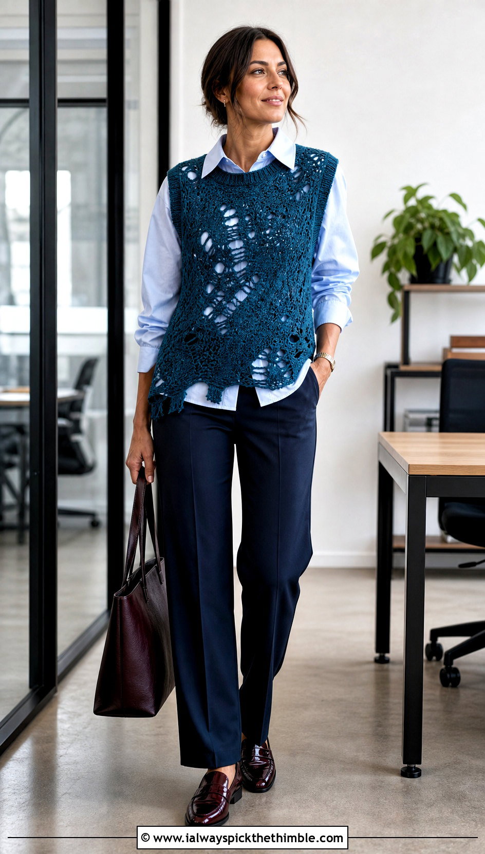 Distressed Crochet Vest Top Over A Button Down Shirt - 25 Distressed Crochet Top outfit ideas