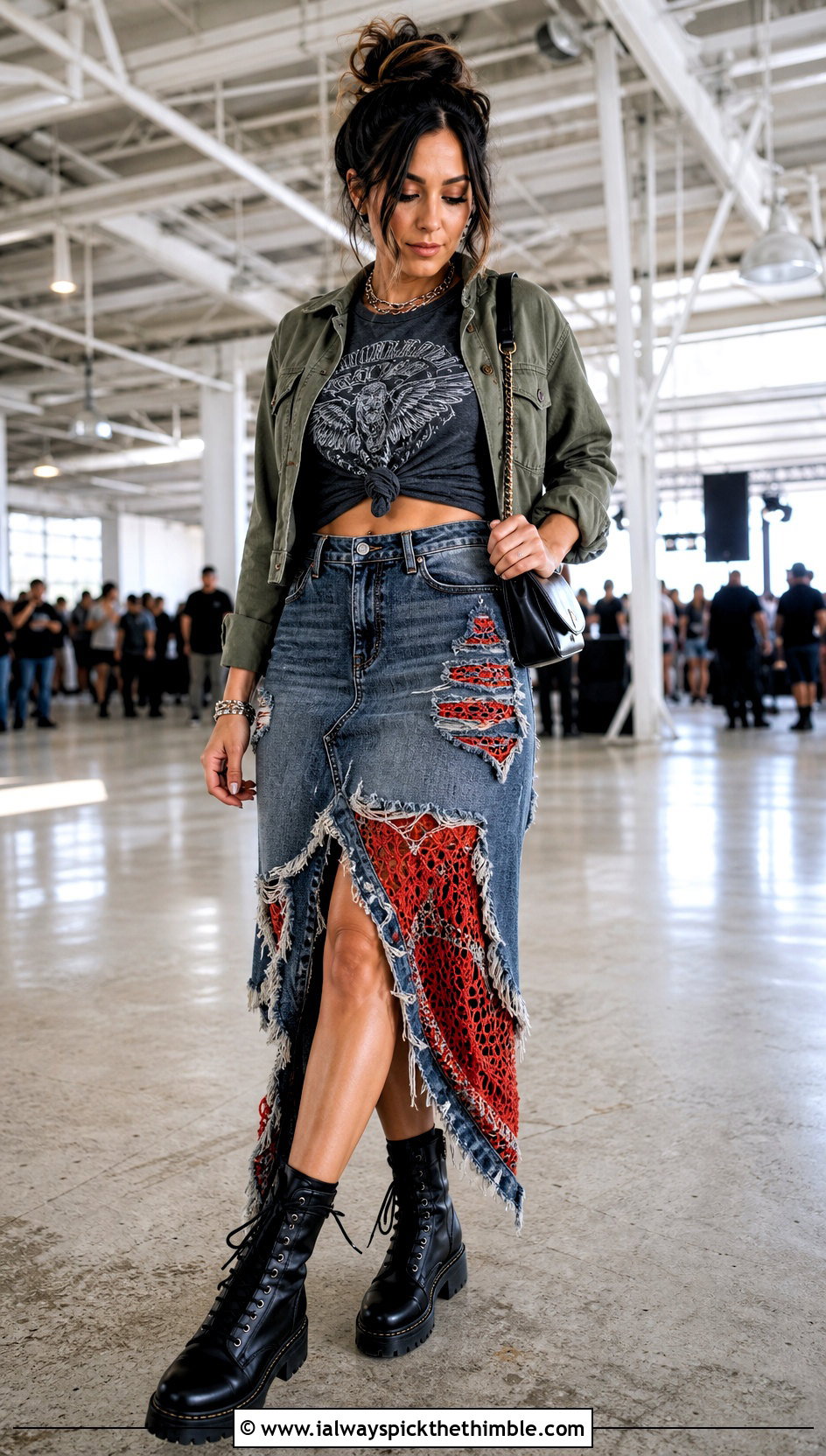 Distressed Denim Crochet Underlay Skirt With Graphic Tee - 20 denim crochet skirt outfit ideas