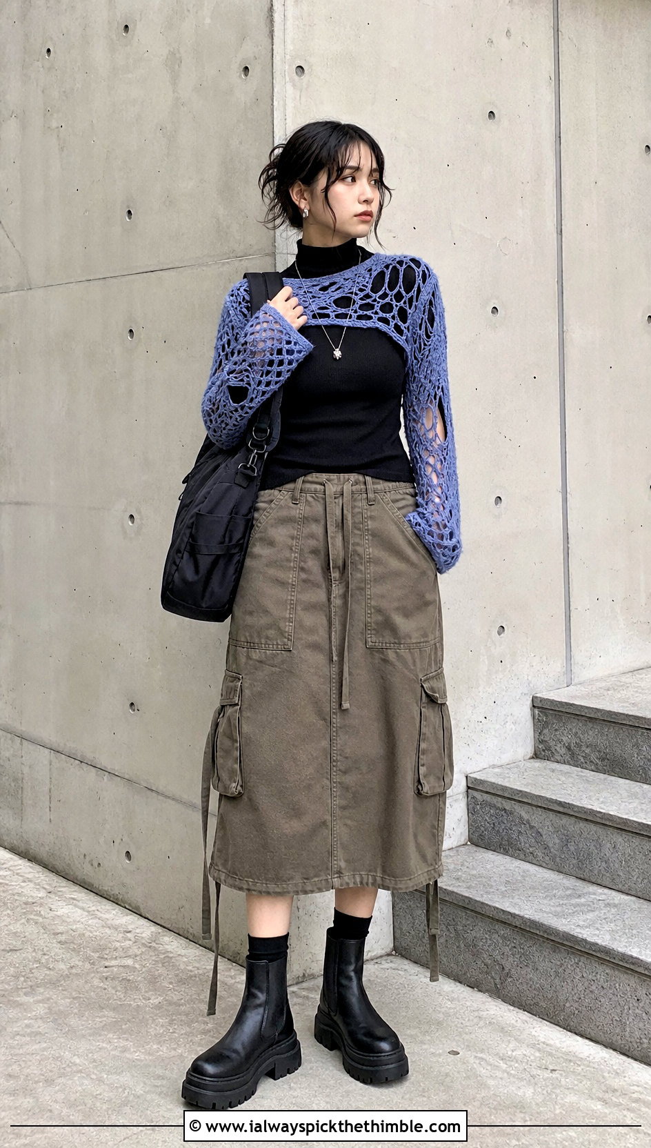 Distressed Fishnet Crochet Shrug With Utility Skirt - 25 crochet lace shrug outfit ideas