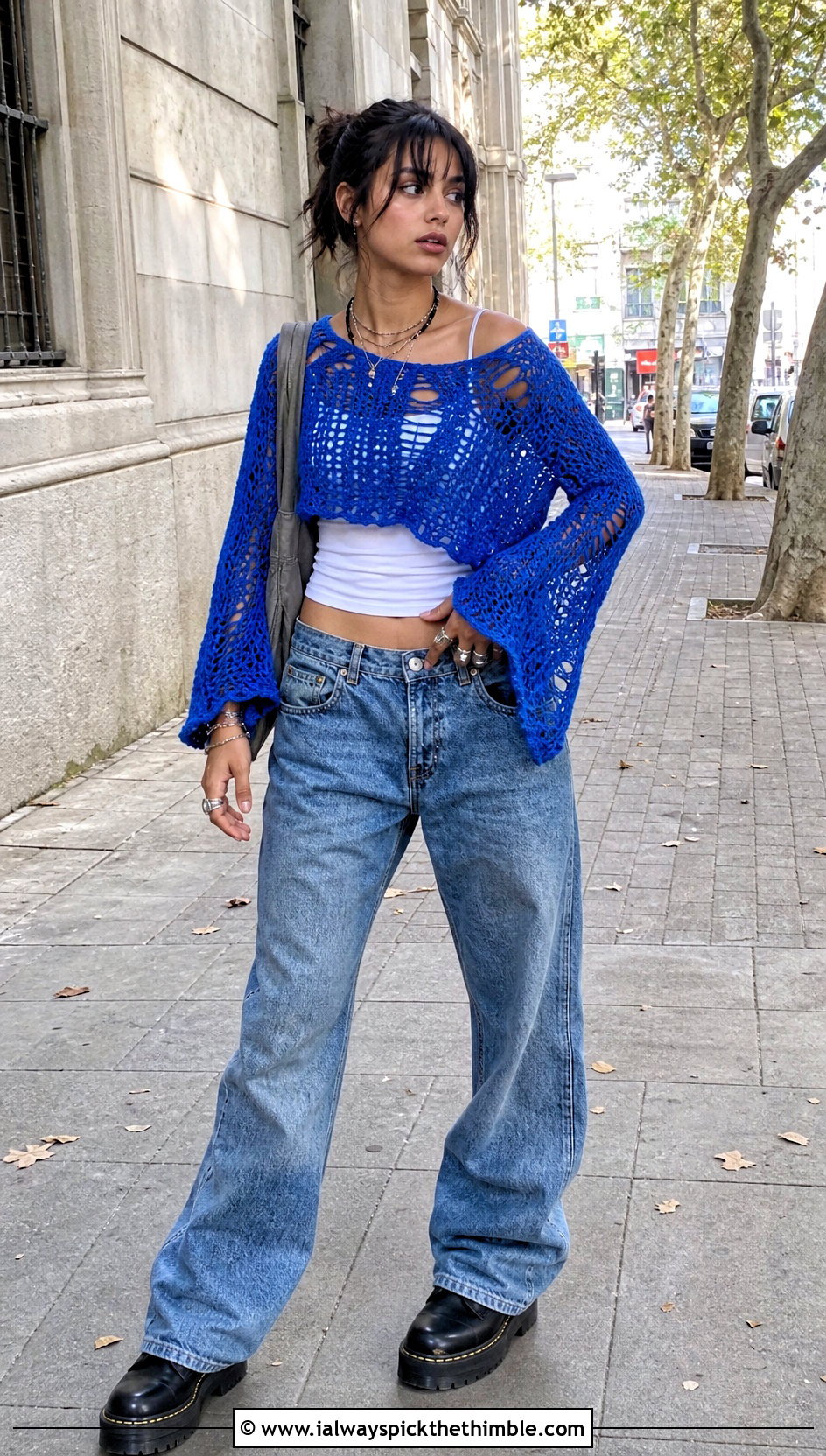 Distressed Mesh Bell Sleeve Crochet Fairy Grunge Top With Baggy Jeans - 20 Crochet Fairy Grunge Top outfit ideas