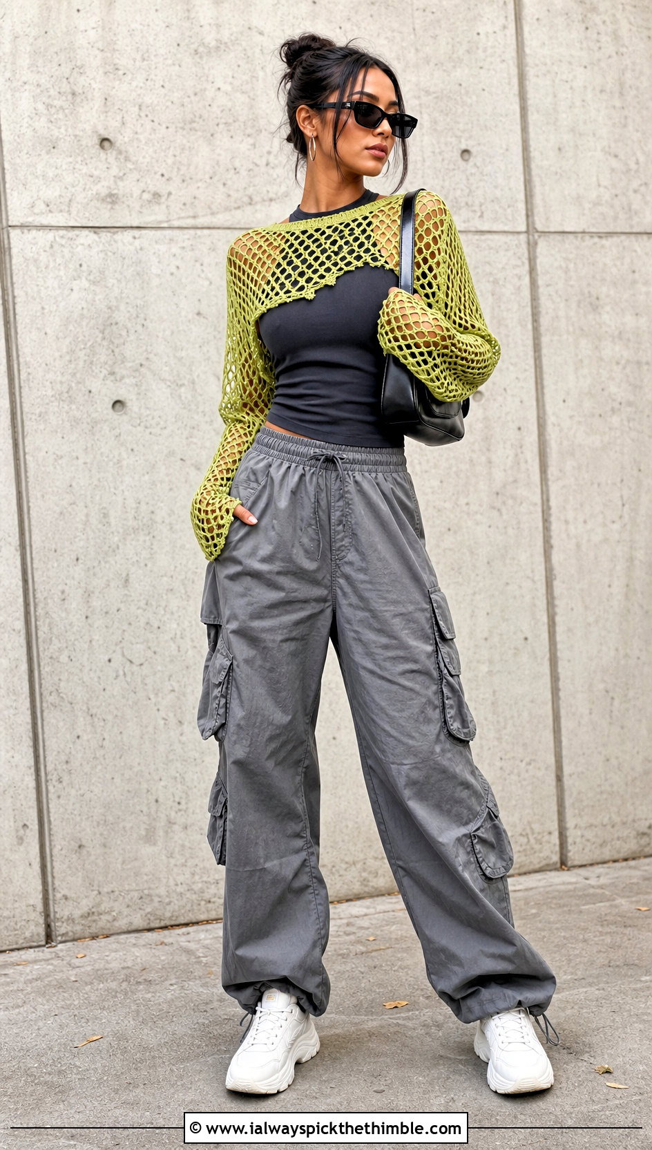 Distressed Mesh Crochet Shrug With Cargo Pants - 25 easy crochet shrug outfit ideas