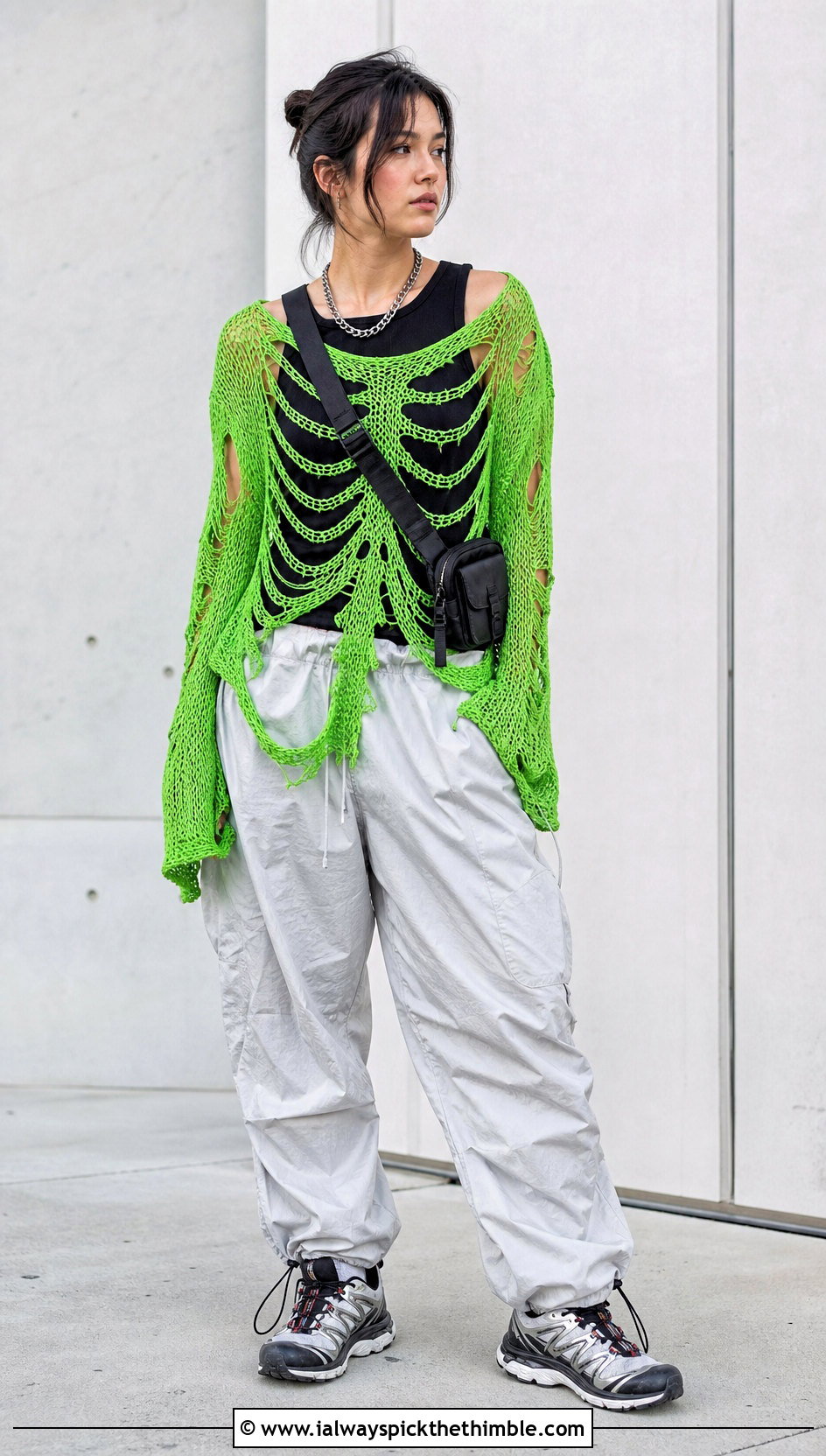 Distressed Mesh Crochet Skeleton Sweater With Parachute Pants - 20 Crochet Skeleton Sweater outfit ideas
