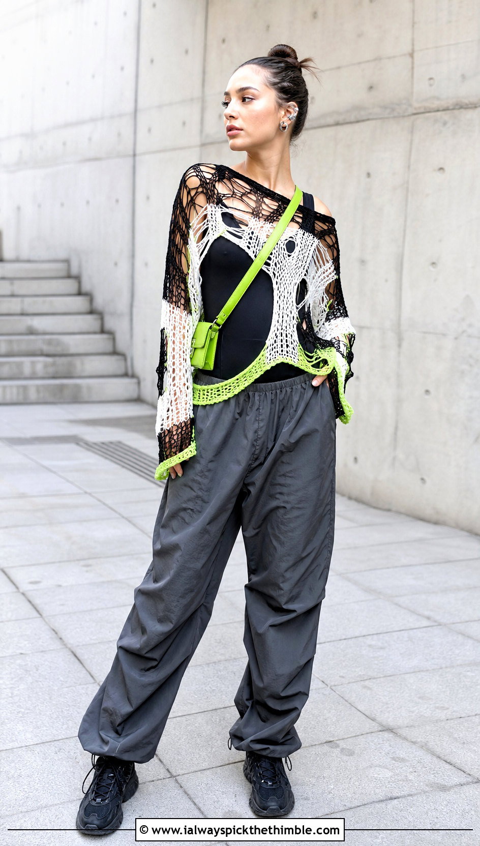 Distressed Open Knit Crochet Sweater With Parachute Pants - 25 black and white crochet sweater outfit ideas