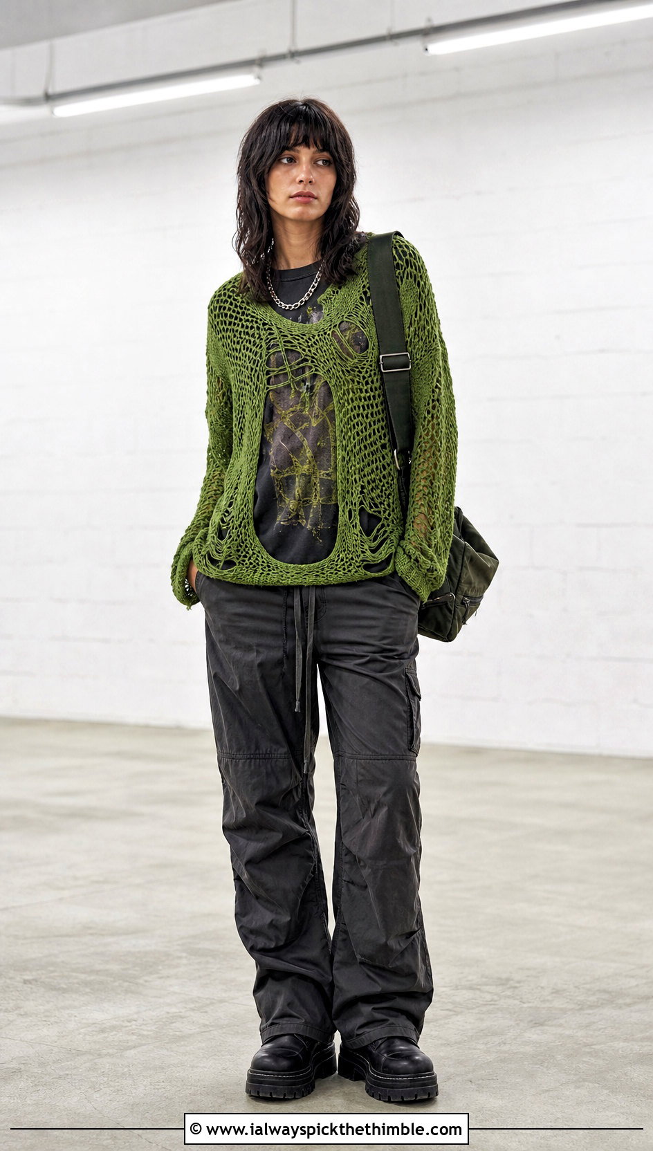 Distressed Open Knit Crochet Sweater With Parachute Pants - 20 alt crochet sweater outfit ideas