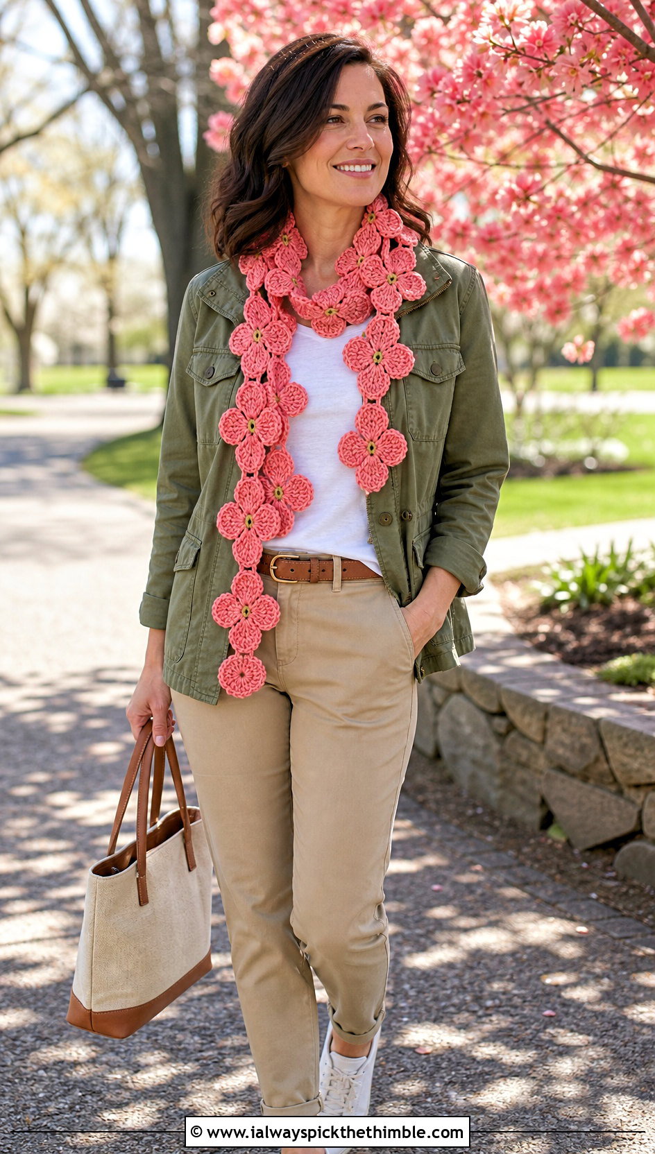 Dogwood Flower Crochet Scarf With Utility Jacket And Chinos - 20 crochet scarf with flowers outfit ideas
