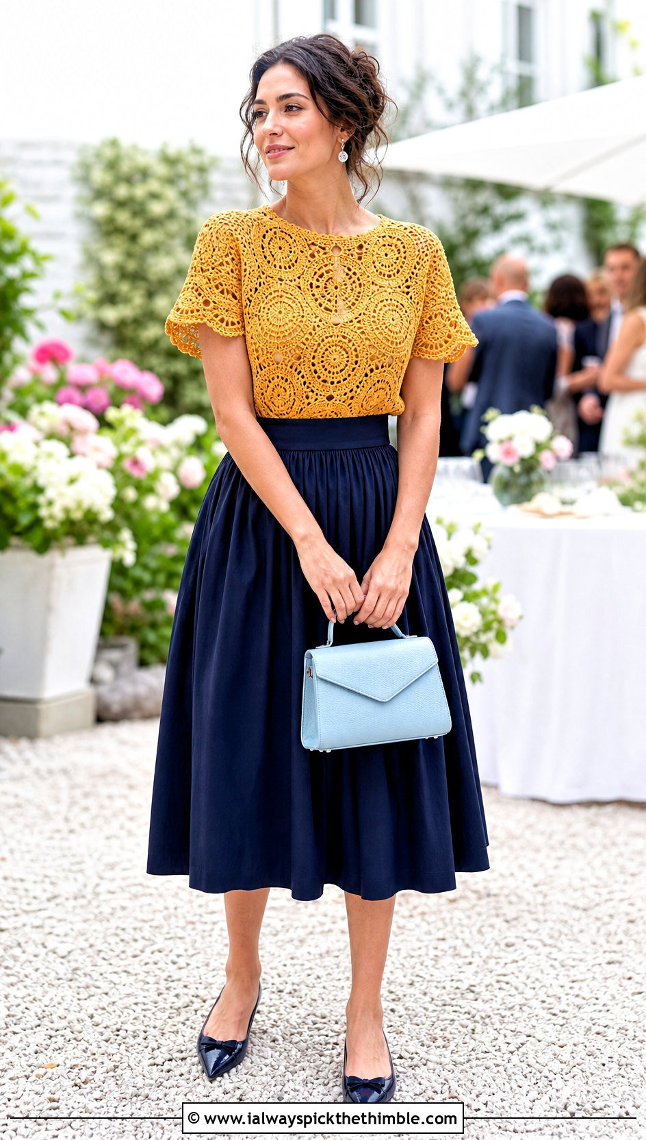 Doily Lace Crochet Blouse With A Full Midi Skirt - 25 aesthetic crochet tops outfit ideas