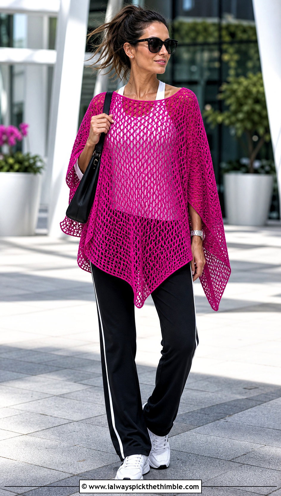 Dolman Mesh Crochet Poncho With Track Pants - 20 Mesh Crochet Poncho outfit ideas