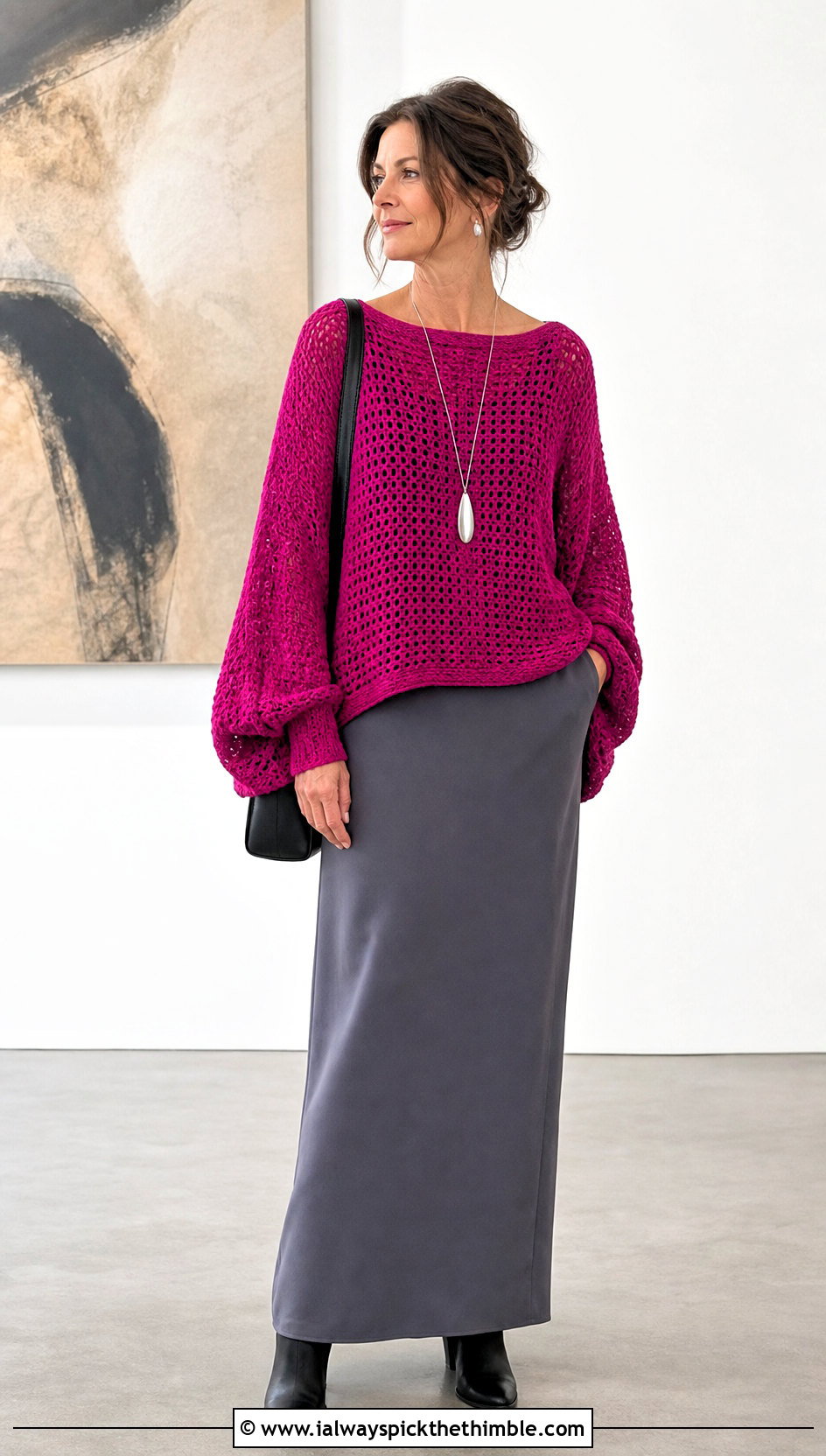 Dolman Sleeve Baggy Crochet Sweater With Column Maxi Skirt - 25 baggy crochet sweater outfit ideas