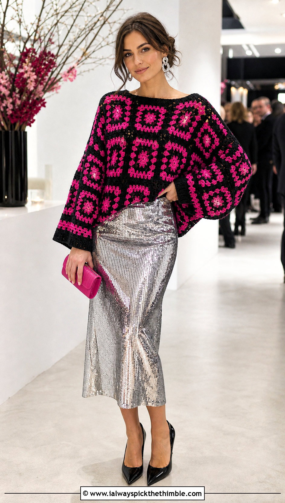 Dolman Sleeve Black Granny Square Sweater With Sequin Skirt - 20 black granny square sweater outfit ideas