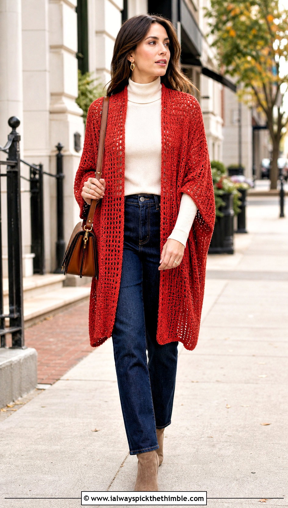 Dolman Sleeve Crochet Kimono With Turtleneck And Jeans - 15 crochet kimono cover up outfit ideas