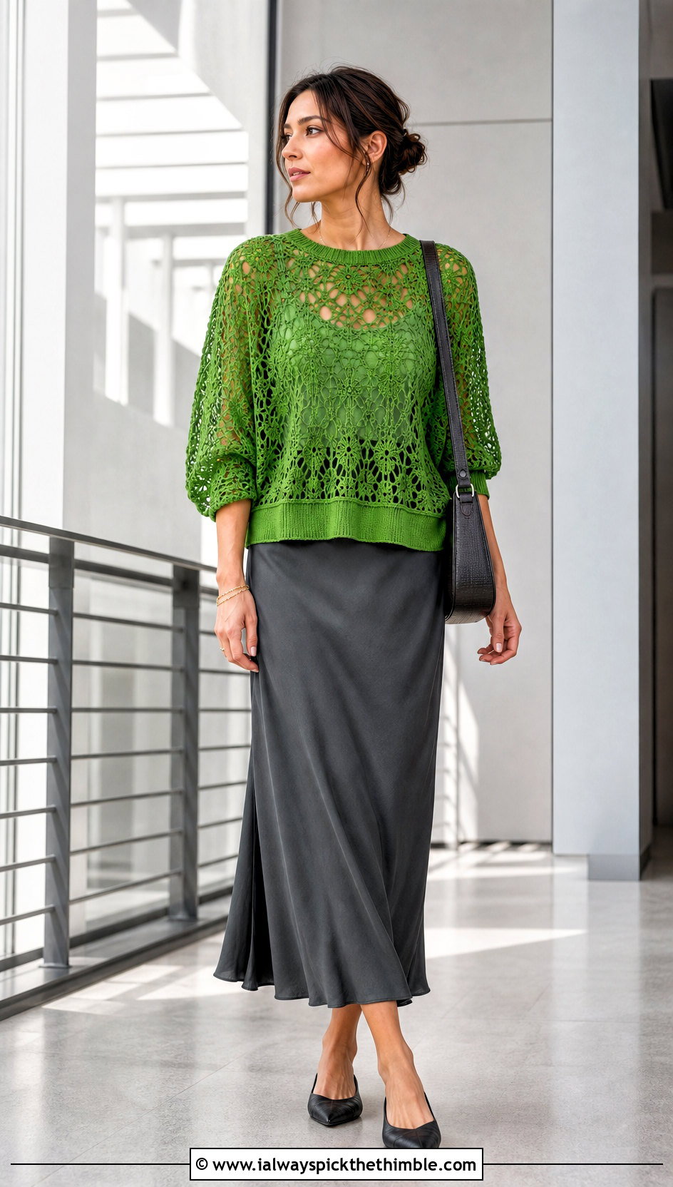 Dolman Sleeve Crochet Lace Sweater With Bias Cut Skirt - 25 crochet lace sweater outfit ideas