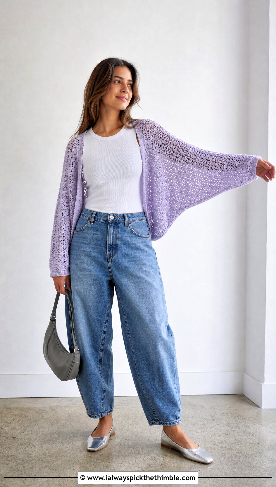 Dolman Sleeve Crochet Loose Sweater With Barrel Jeans - 25 crochet loose sweater outfit ideas