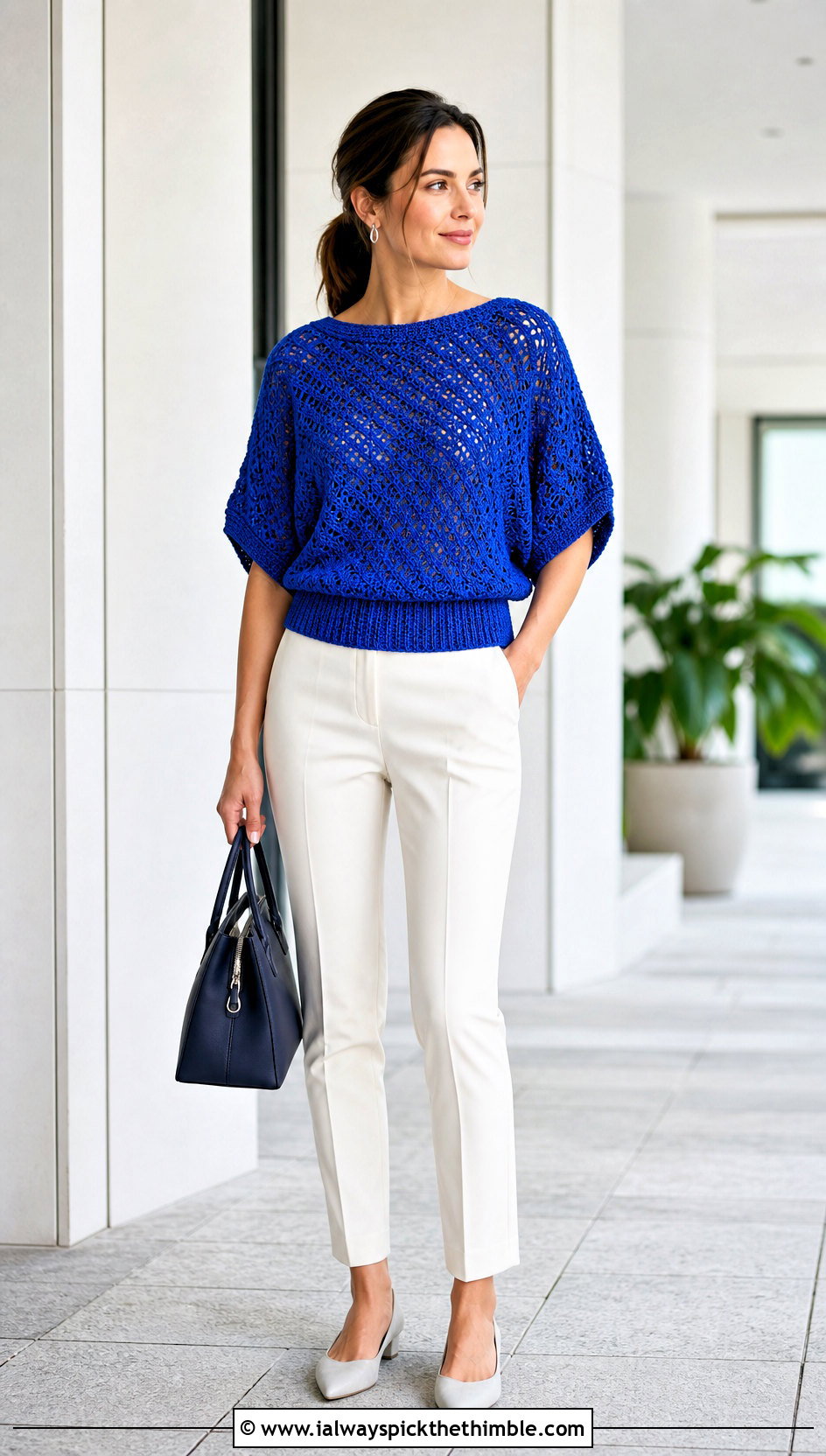 Dolman Sleeve Crochet Top With Slim Trousers - 25 crochet top sleeves outfit ideas