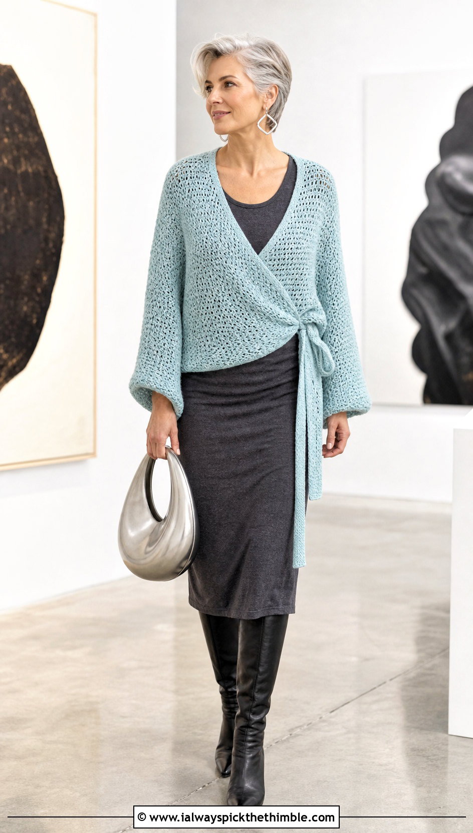 Dolman Sleeve Crochet Wrap Sweater With Column Dress - 25 crochet wrap sweater outfit ideas