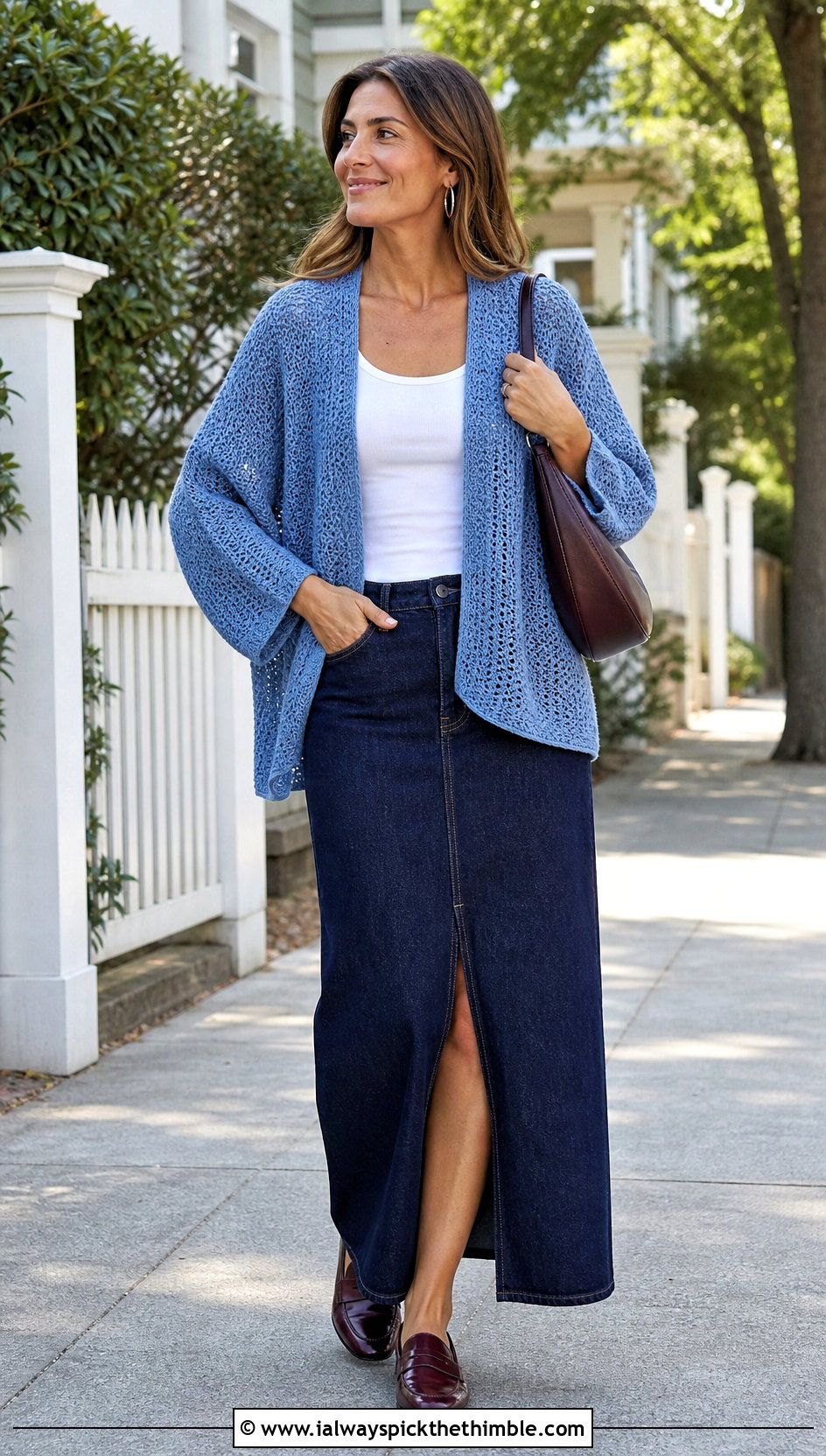Dolman Sleeve Habitat Crochet Cardigan With Denim Maxi Skirt - 20 Habitat Crochet Cardigan outfit ideas