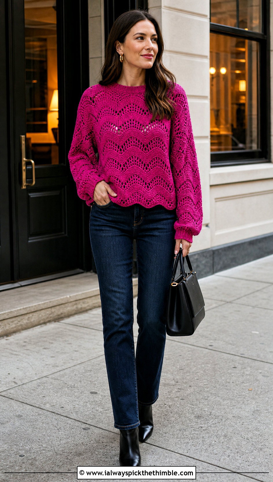 Dolman Sleeve Wavy Crochet Sweater With Slim Jeans - 25 wavy crochet sweater outfit ideas