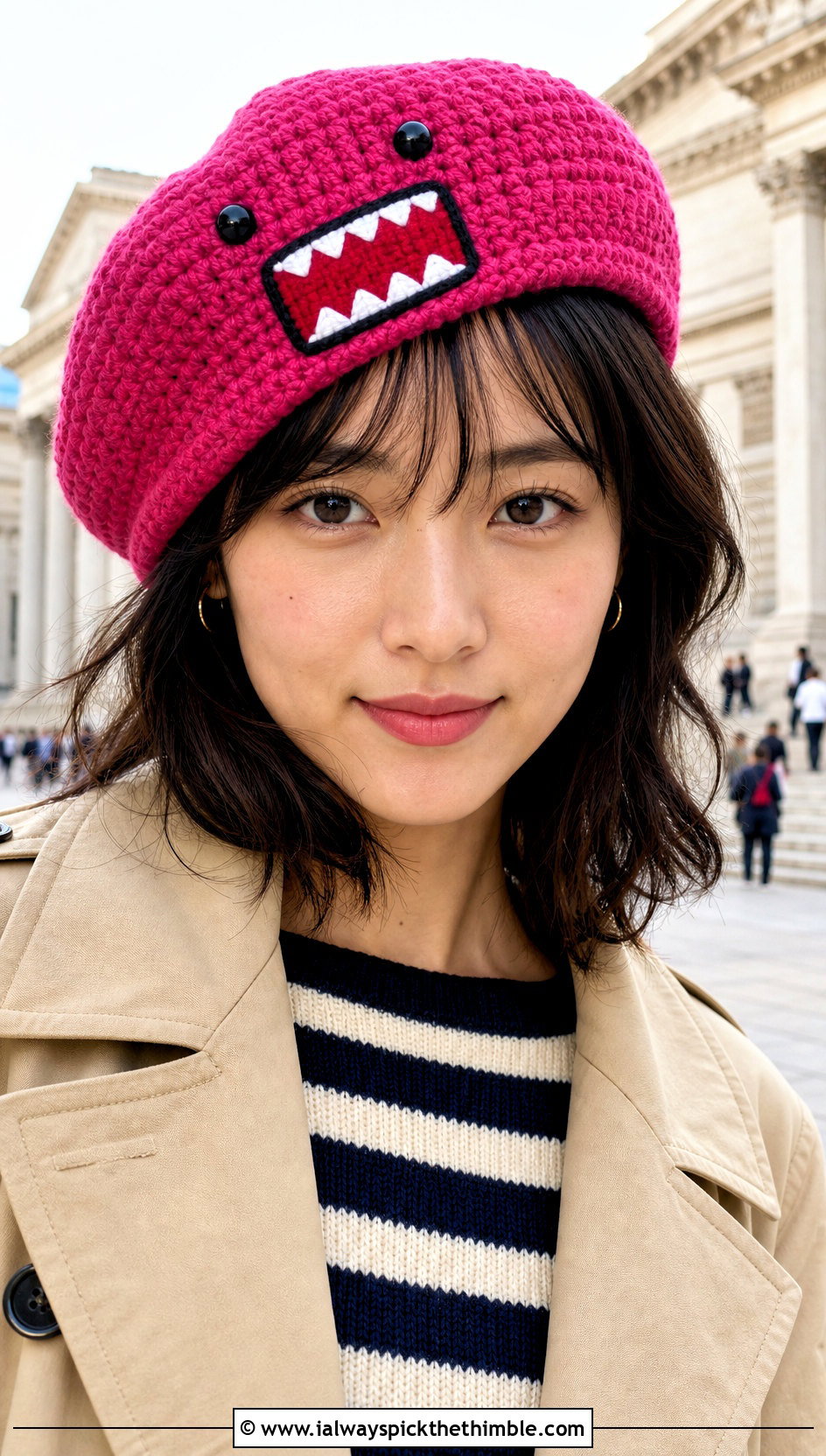 Domo Kun Crochet Beret With Trench Coat And Striped Knit - 20 Domo Kun Crochet Hat outfit ideas