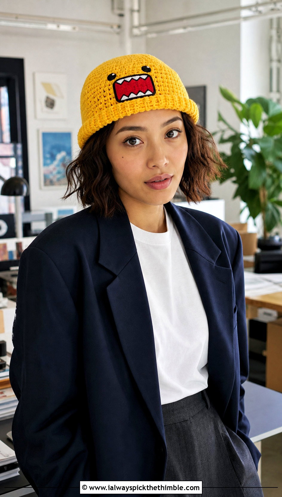 Domo Kun Crochet Fisherman Beanie With Blazer And Trousers - 20 Domo Kun Crochet Hat outfit ideas
