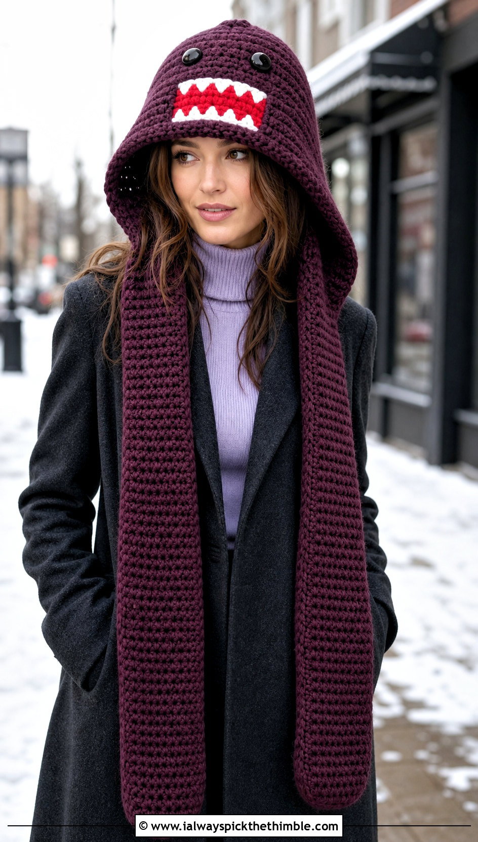Domo Kun Crochet Hooded Scarf Hat With Maxi Coat And Leggings - 20 Domo Kun Crochet Hat outfit ideas