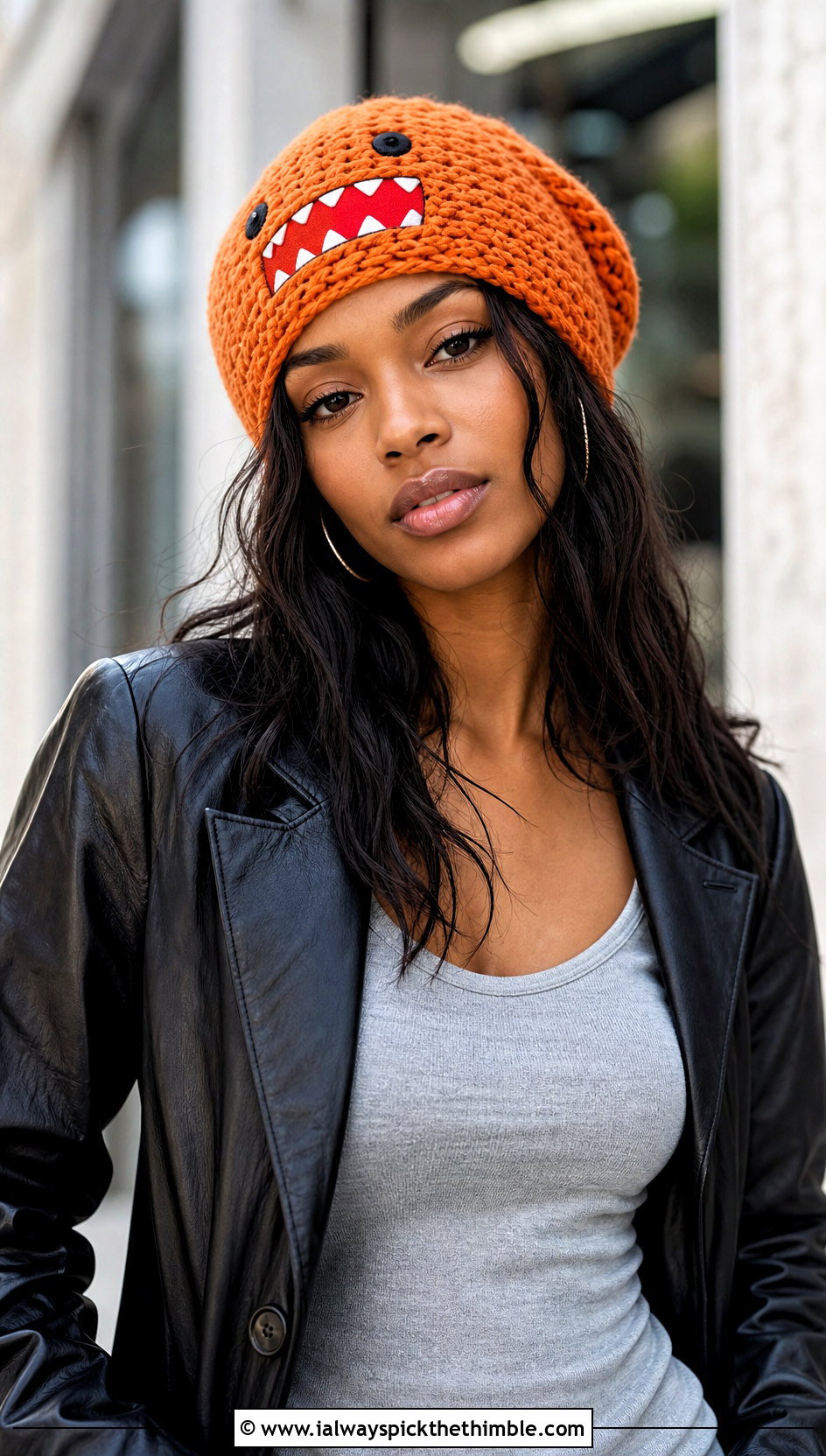 Domo Kun Crochet Slouchy Beanie With Leather Blazer And Maxi Skirt - 20 Domo Kun Crochet Hat outfit ideas